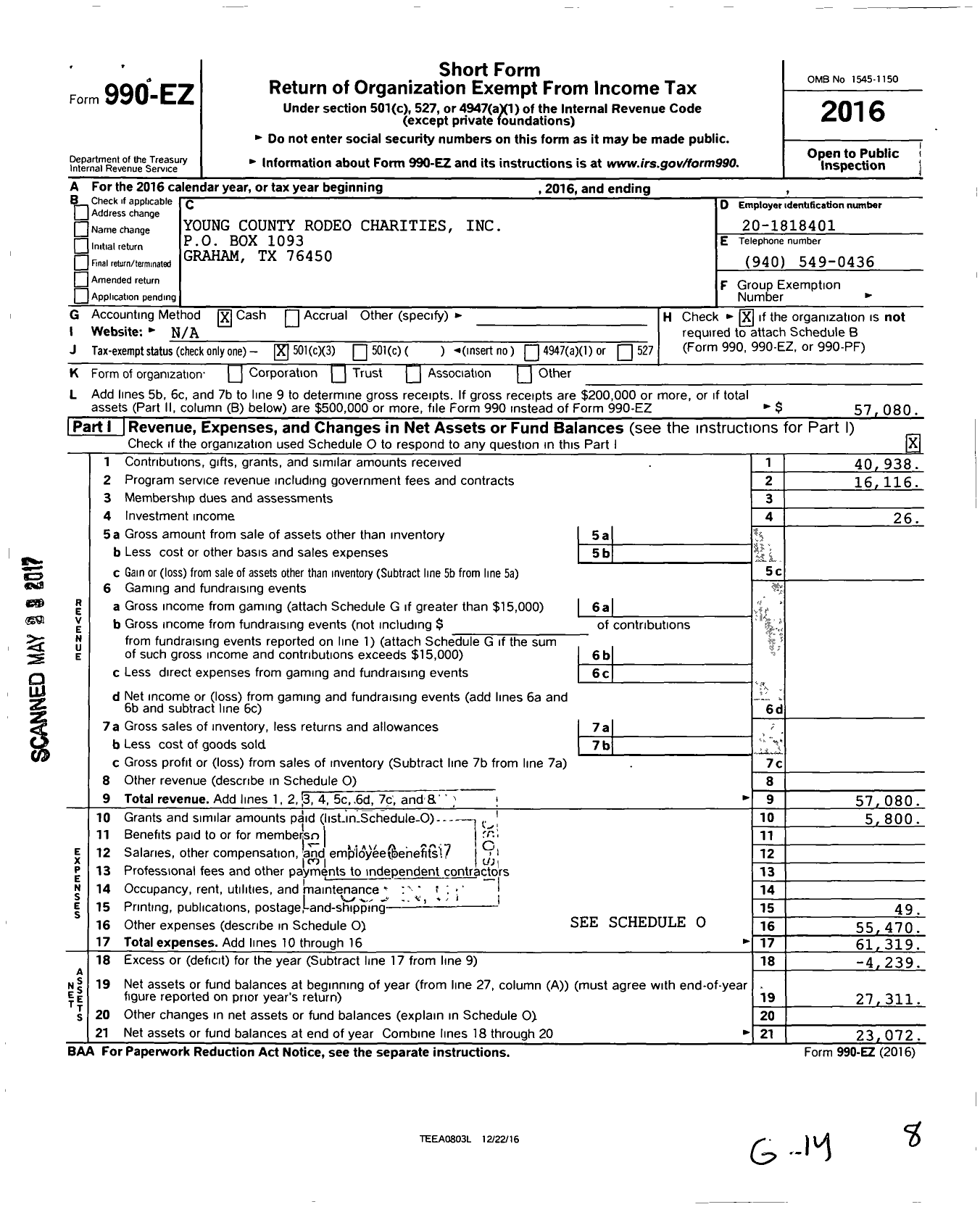 Image of first page of 2016 Form 990EZ for Young County Rodeo Charities