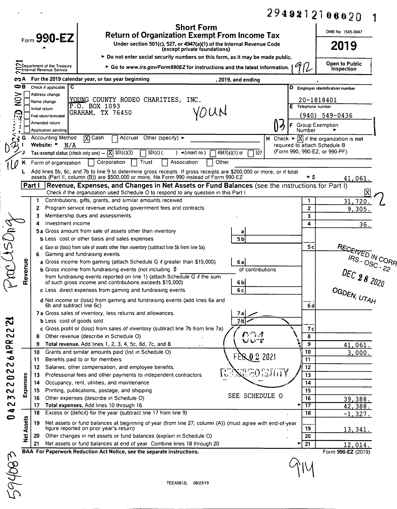 Image of first page of 2019 Form 990EZ for Young County Rodeo Charities