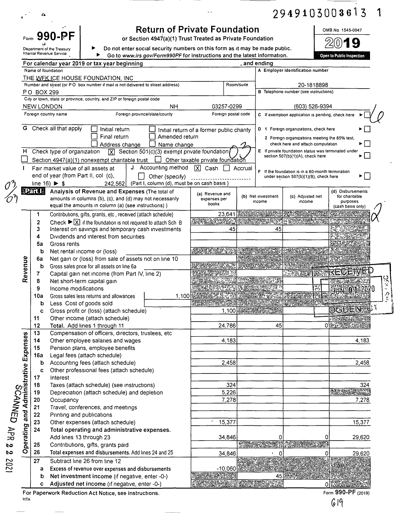 Image of first page of 2019 Form 990PF for The WFK Ice House Foundation