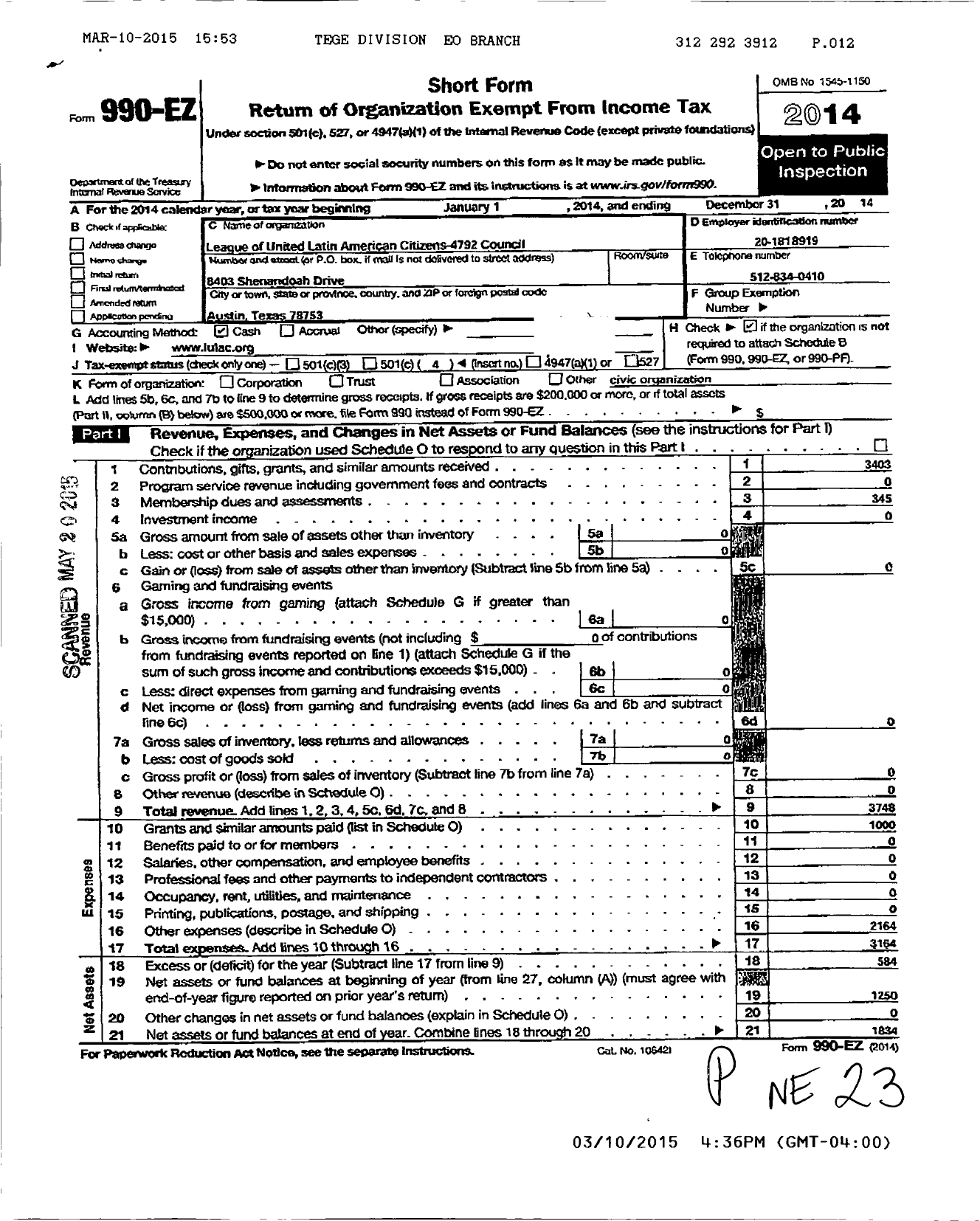 Image of first page of 2014 Form 990EO for League of United Latin America Citizens / 4792 Lulac Council