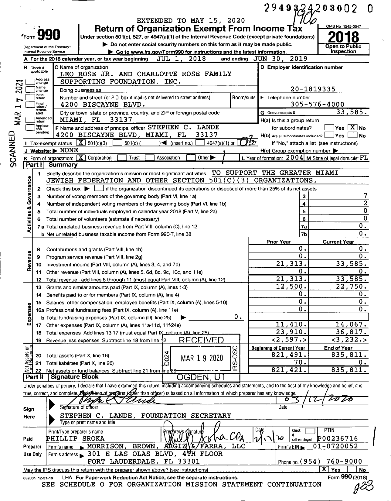 Image of first page of 2018 Form 990 for Leo Rose Jr and Charlotte Rose Family Supporting Foundation