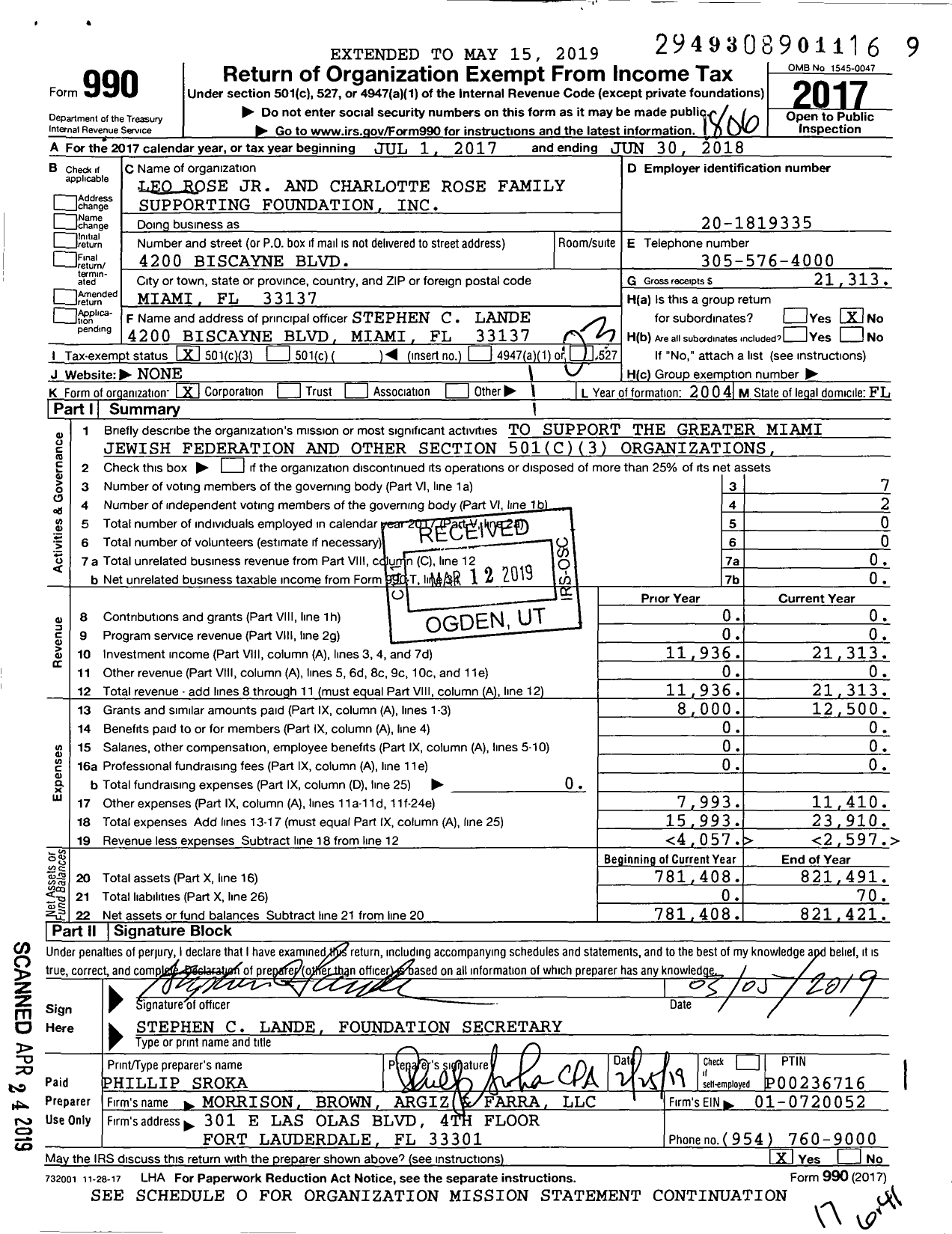 Image of first page of 2017 Form 990 for Leo Rose Jr and Charlotte Rose Family Supporting Foundation