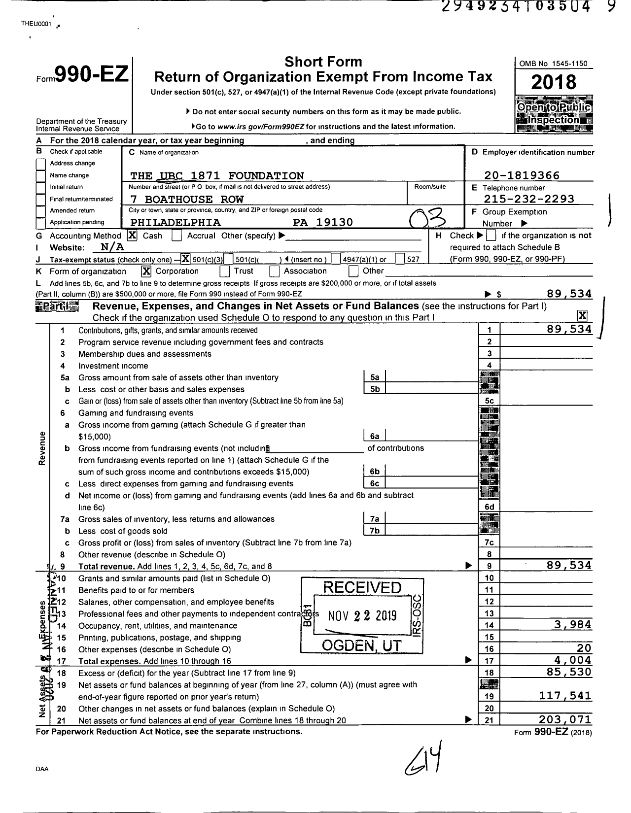 Image of first page of 2018 Form 990EZ for The UBC 1871 Foundation