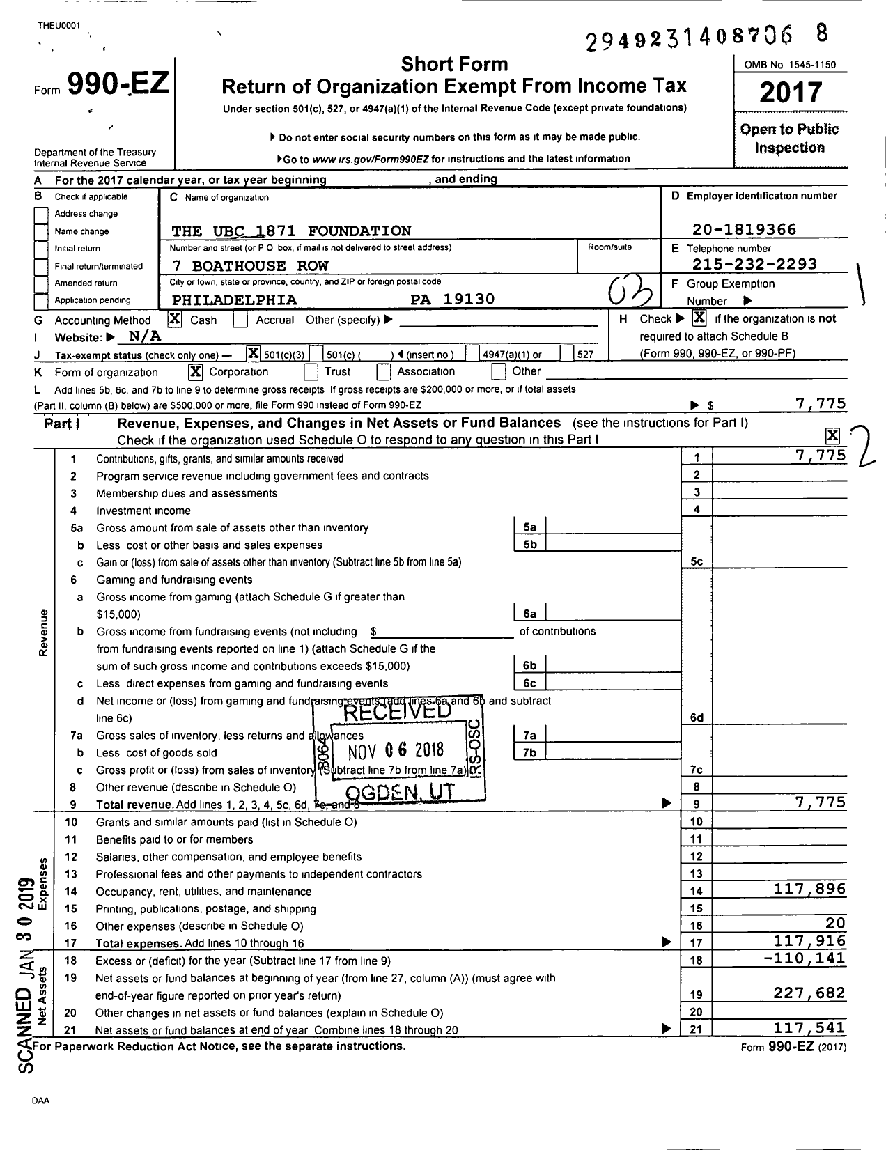 Image of first page of 2017 Form 990EZ for The UBC 1871 Foundation