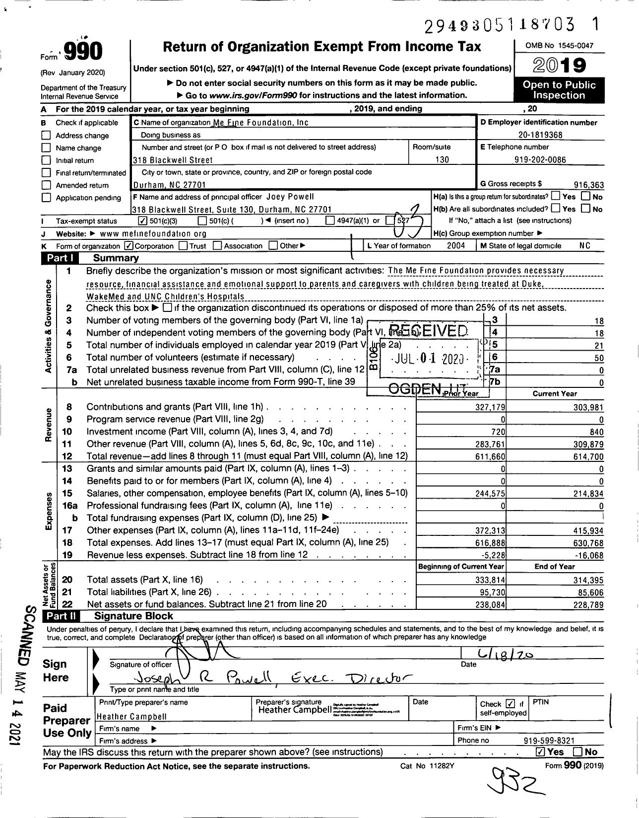 Image of first page of 2019 Form 990 for Me Fine Foundation