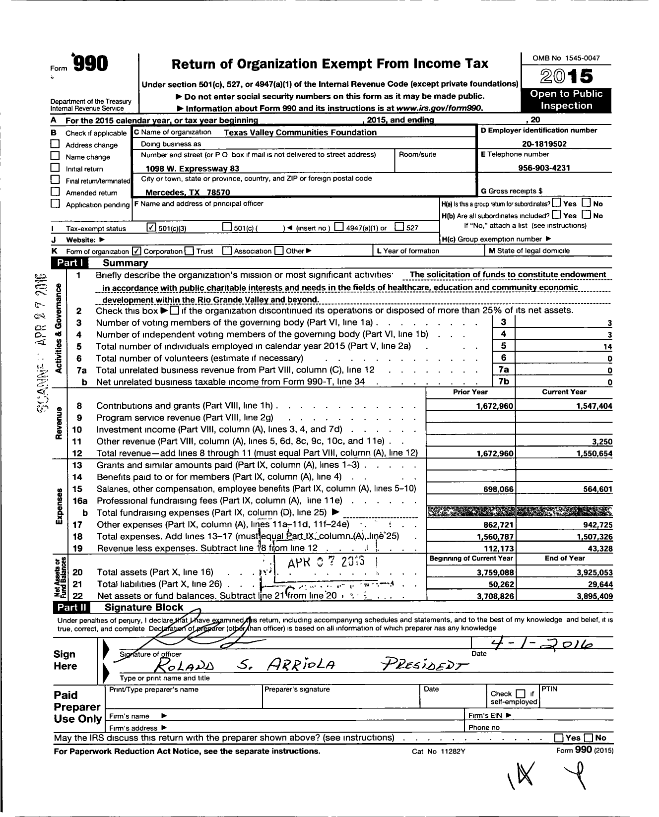 Image of first page of 2015 Form 990 for Texas Valley Communities Foundation