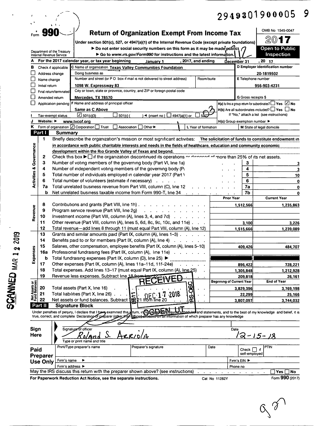Image of first page of 2017 Form 990 for Texas Valley Communities Foundation