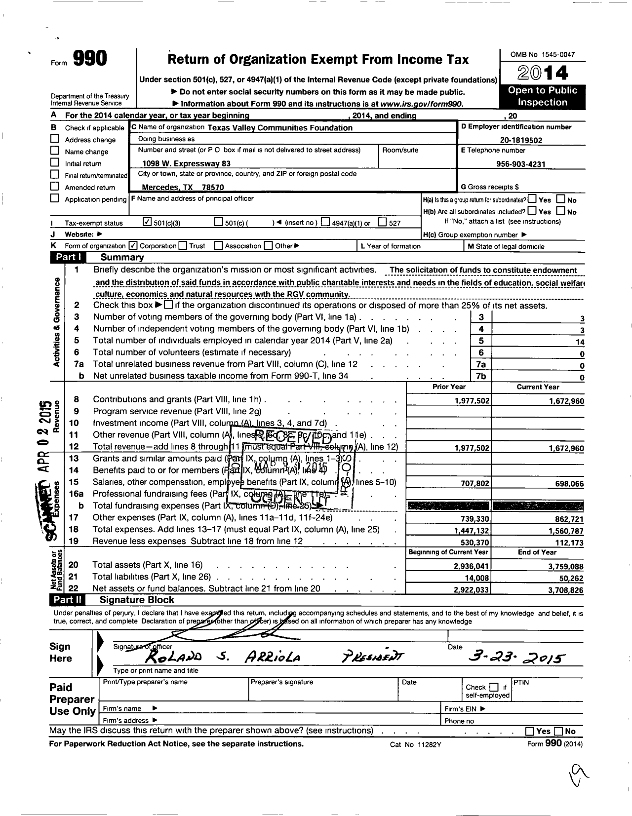 Image of first page of 2014 Form 990 for Texas Valley Communities Foundation