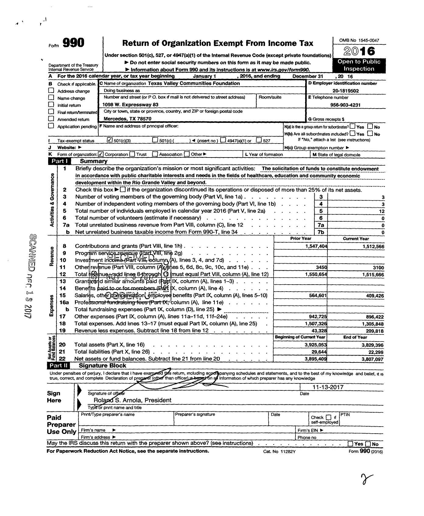Image of first page of 2016 Form 990 for Texas Valley Communities Foundation
