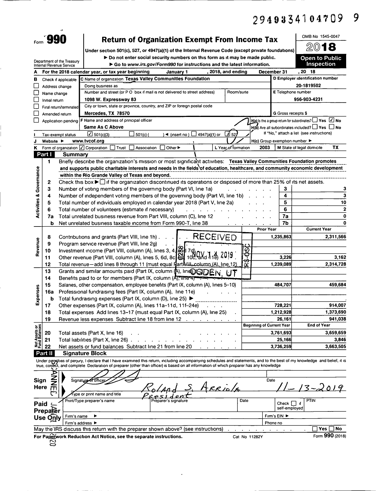 Image of first page of 2018 Form 990 for Texas Valley Communities Foundation