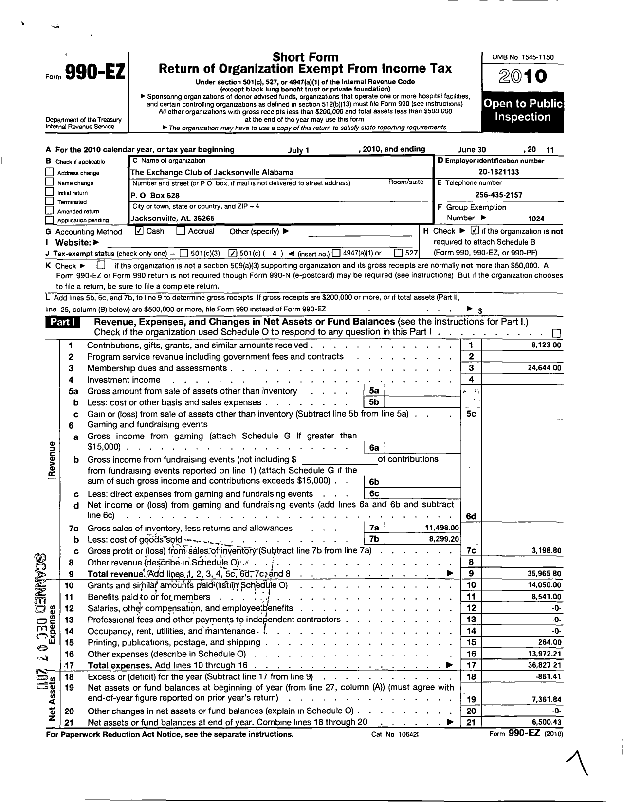 Image of first page of 2010 Form 990EO for National Exchange Club - 1024 Jacksonville Al