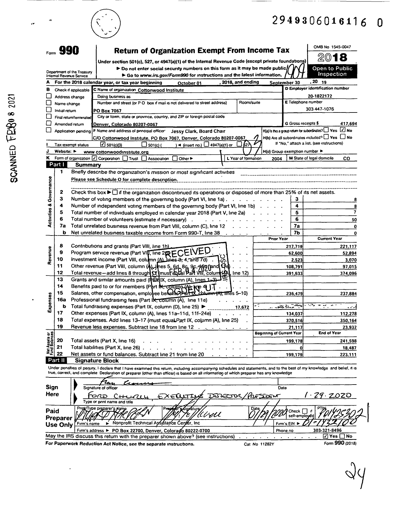 Image of first page of 2018 Form 990 for Cottonwood Institute