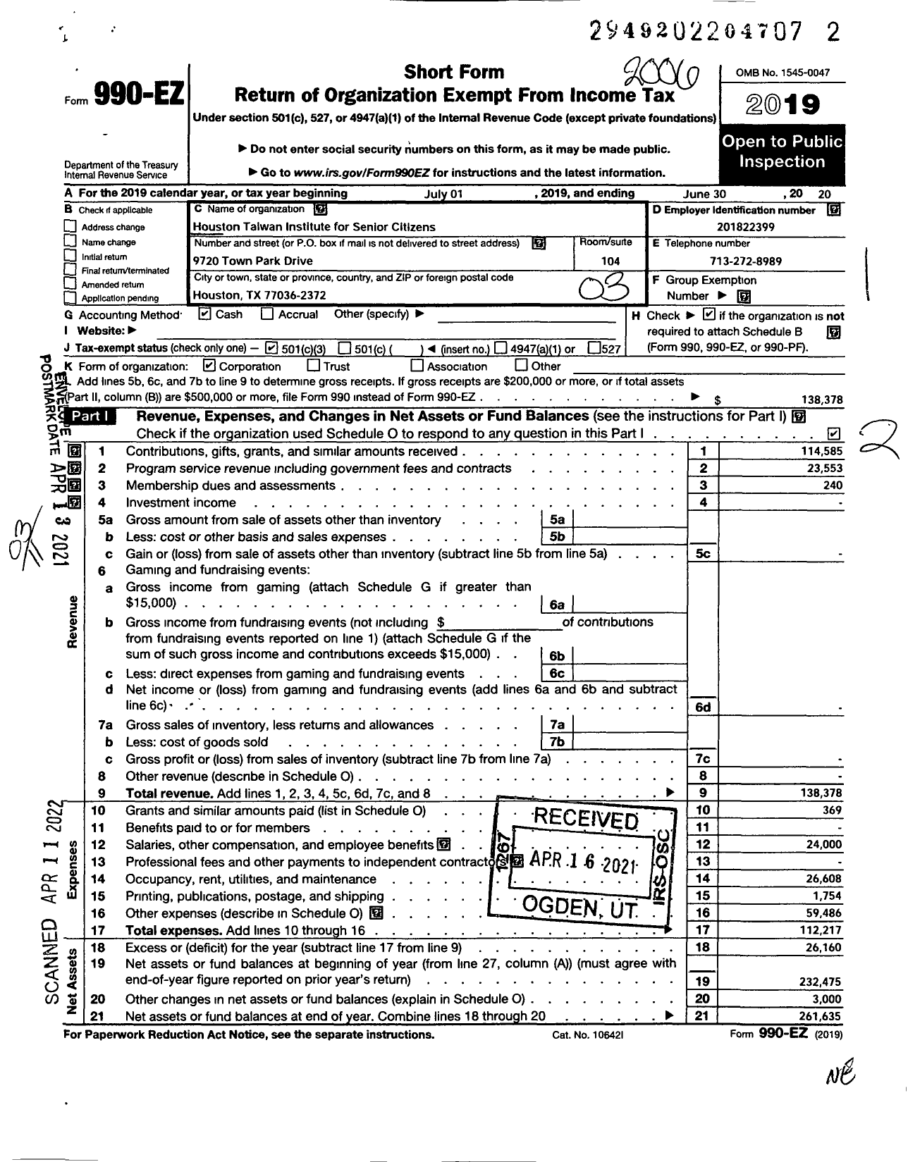 Image of first page of 2019 Form 990EZ for Houston Taiwan Institute of Senior Citizens