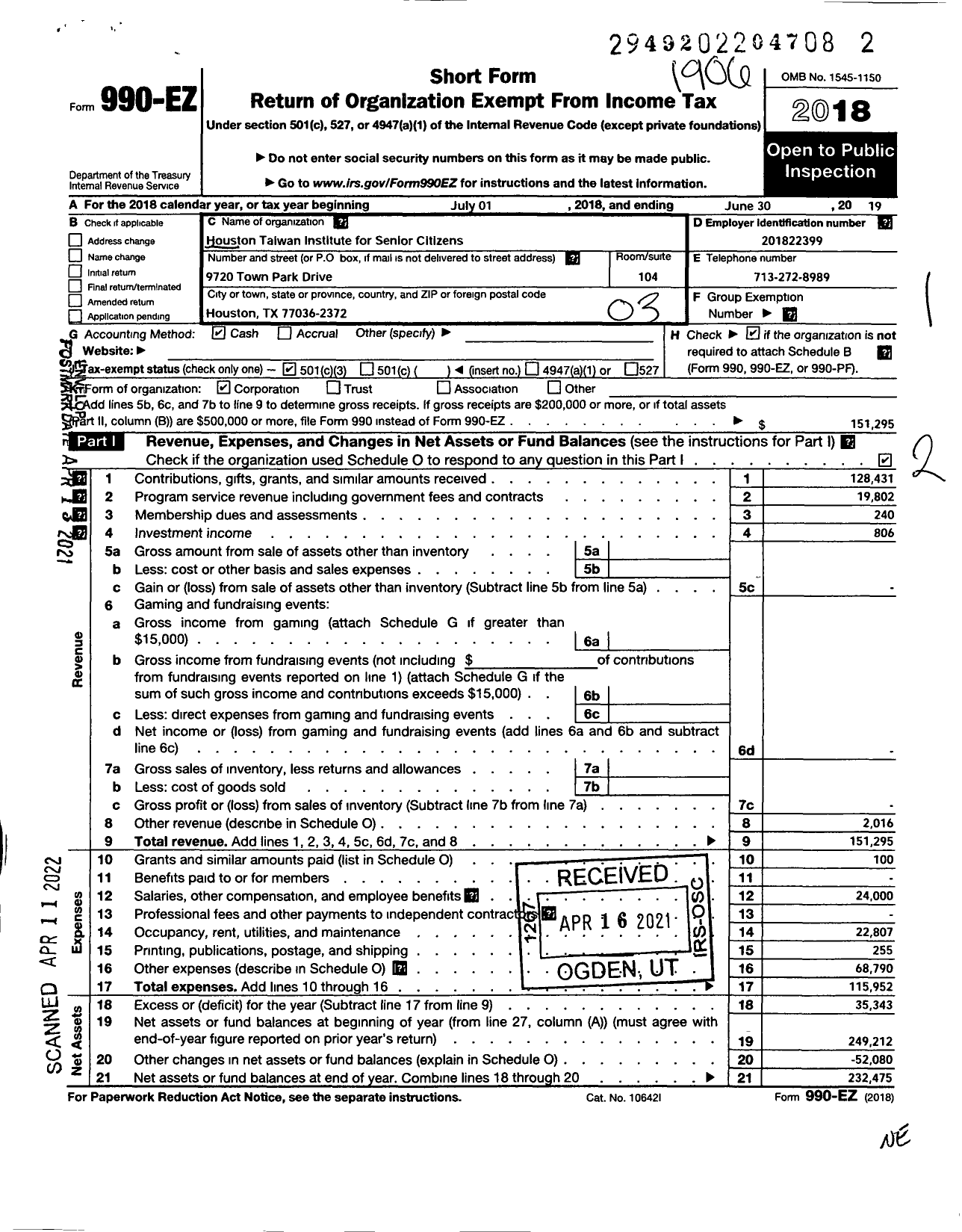 Image of first page of 2018 Form 990EZ for Houston Taiwan Institute of Senior Citizens