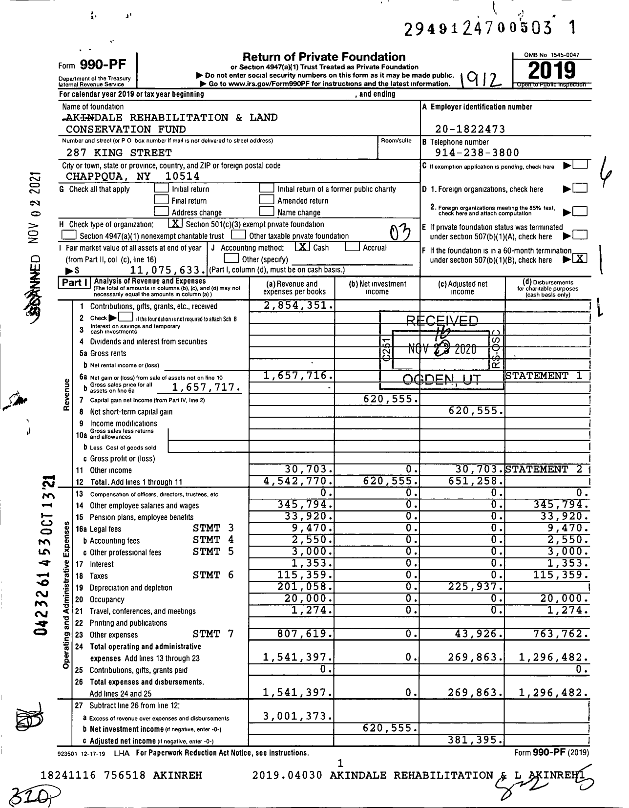 Image of first page of 2019 Form 990PF for Akindale Rehabilitation and Land Conservation Fund