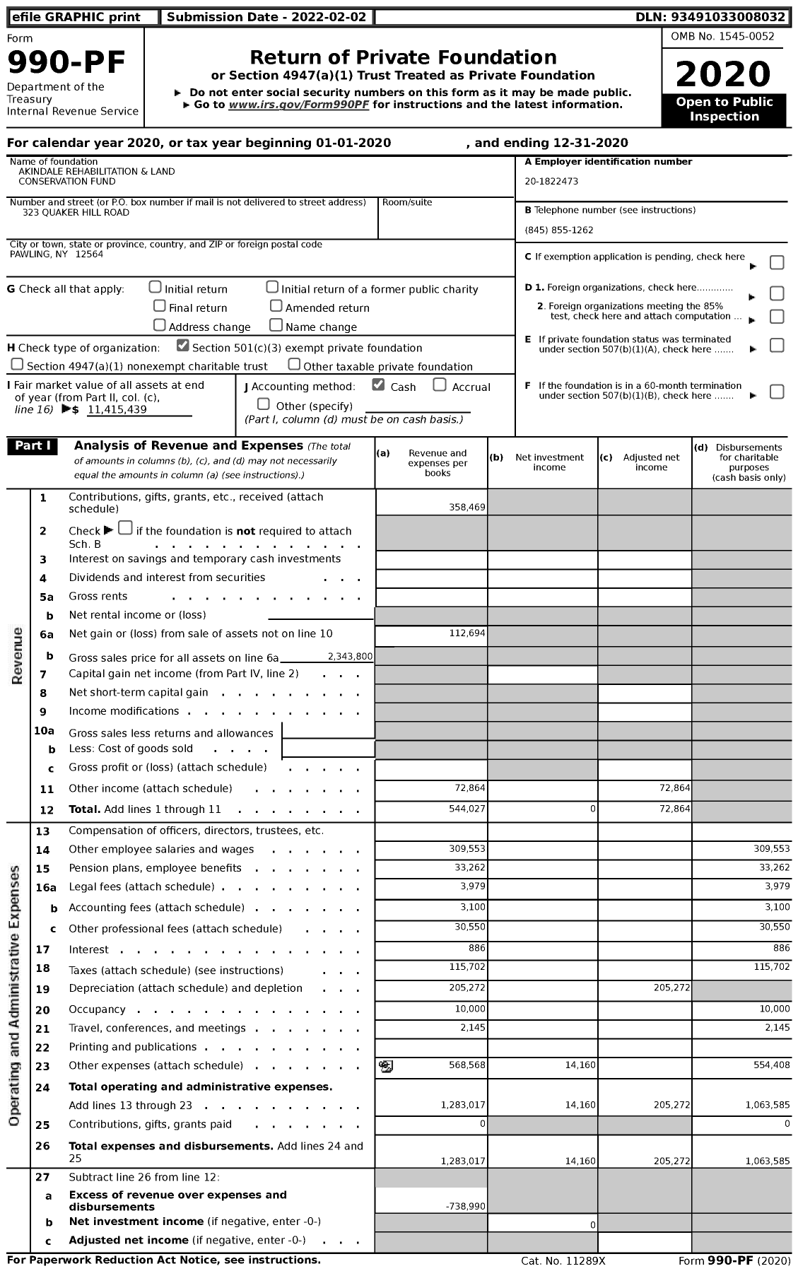 Image of first page of 2020 Form 990PF for Akindale Rehabilitation and Land Conservation Fund