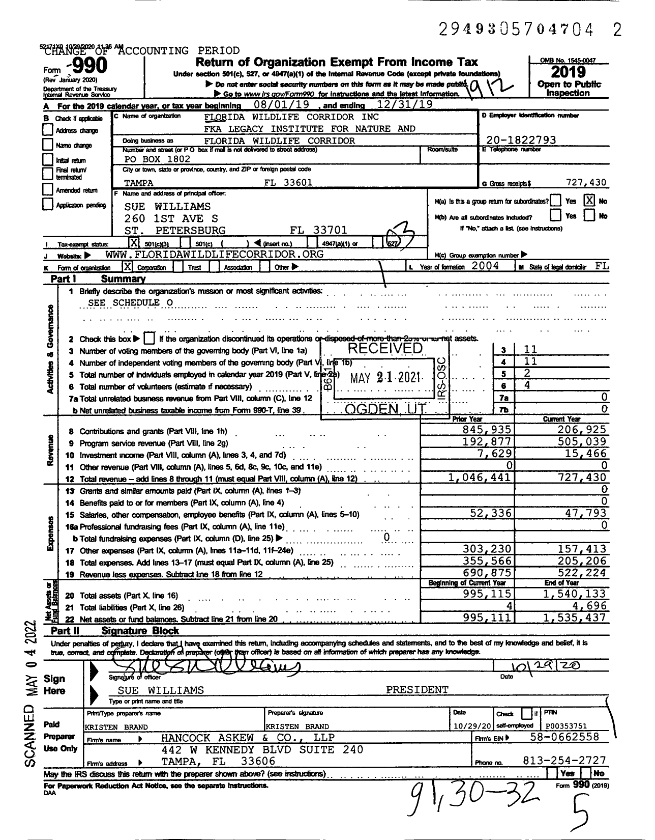 Image of first page of 2019 Form 990 for Florida Wildlife Corridor Foundation