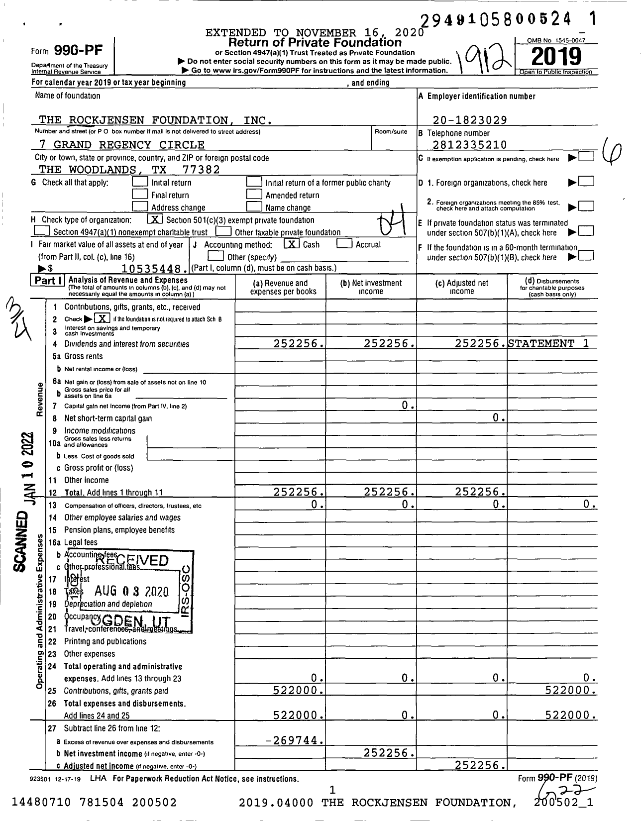 Image of first page of 2019 Form 990PF for The Rockjensen Foundation