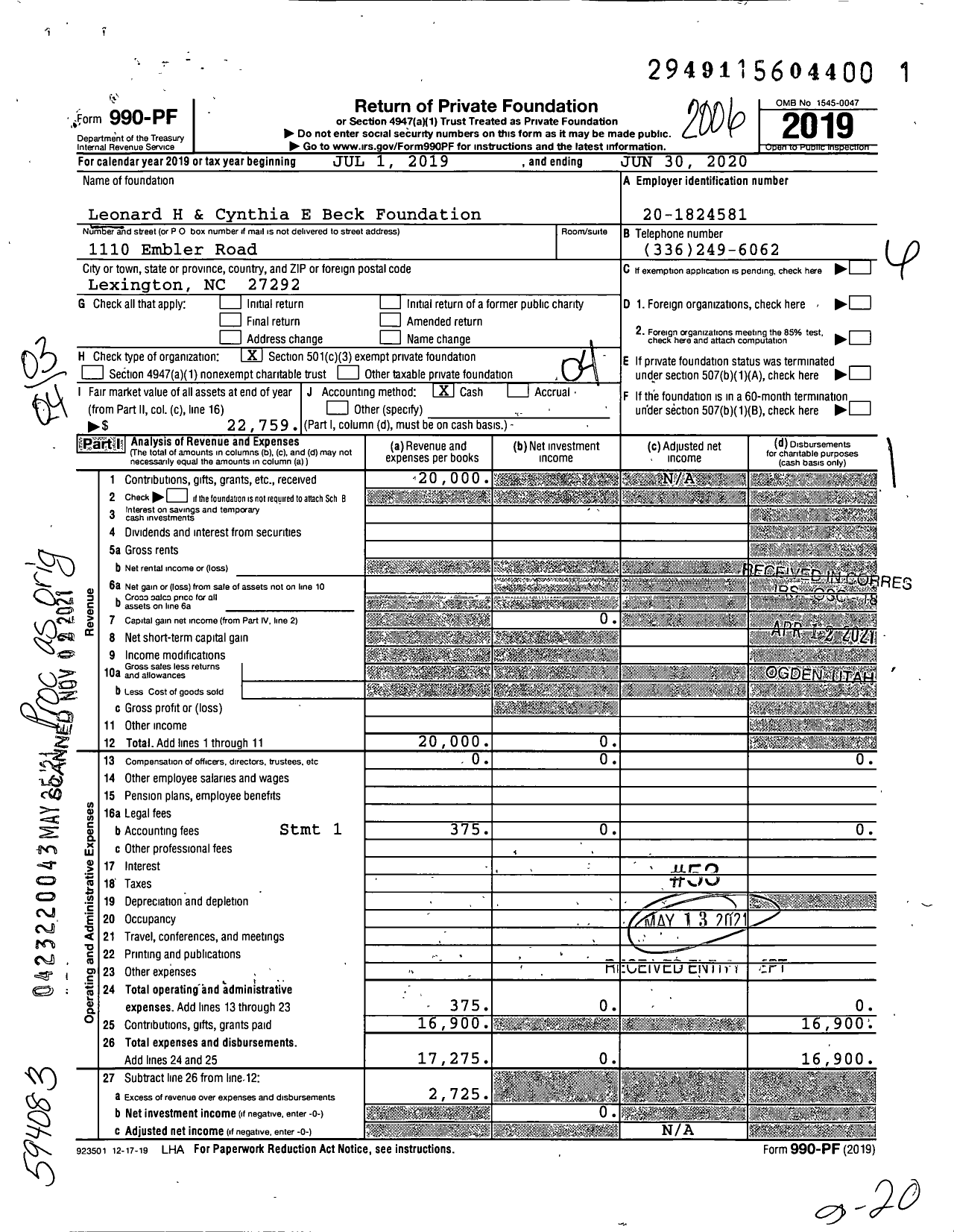 Image of first page of 2019 Form 990PF for Leonard H & Cynthia E Beck Foundation