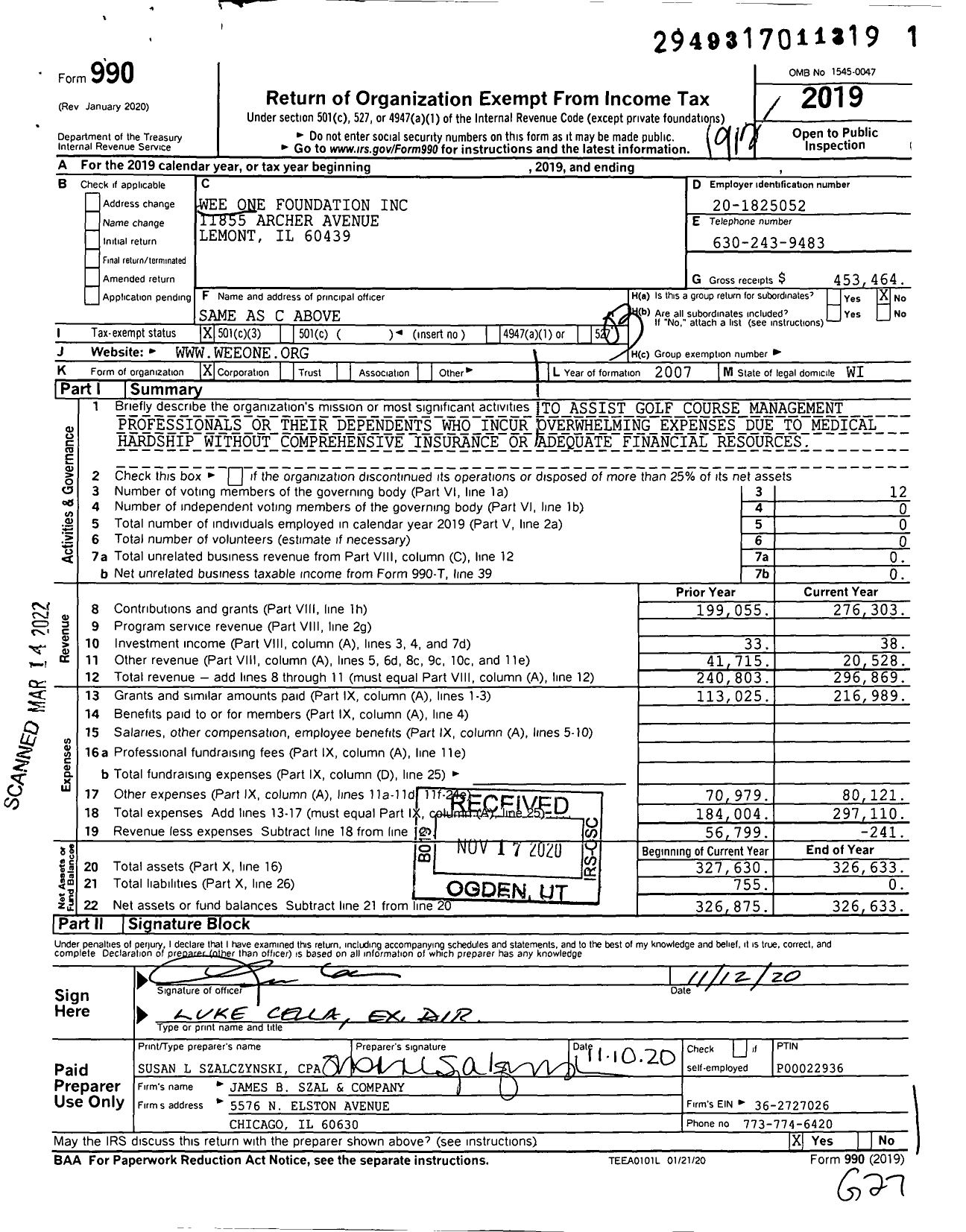 Image of first page of 2019 Form 990 for Wee One Foundation