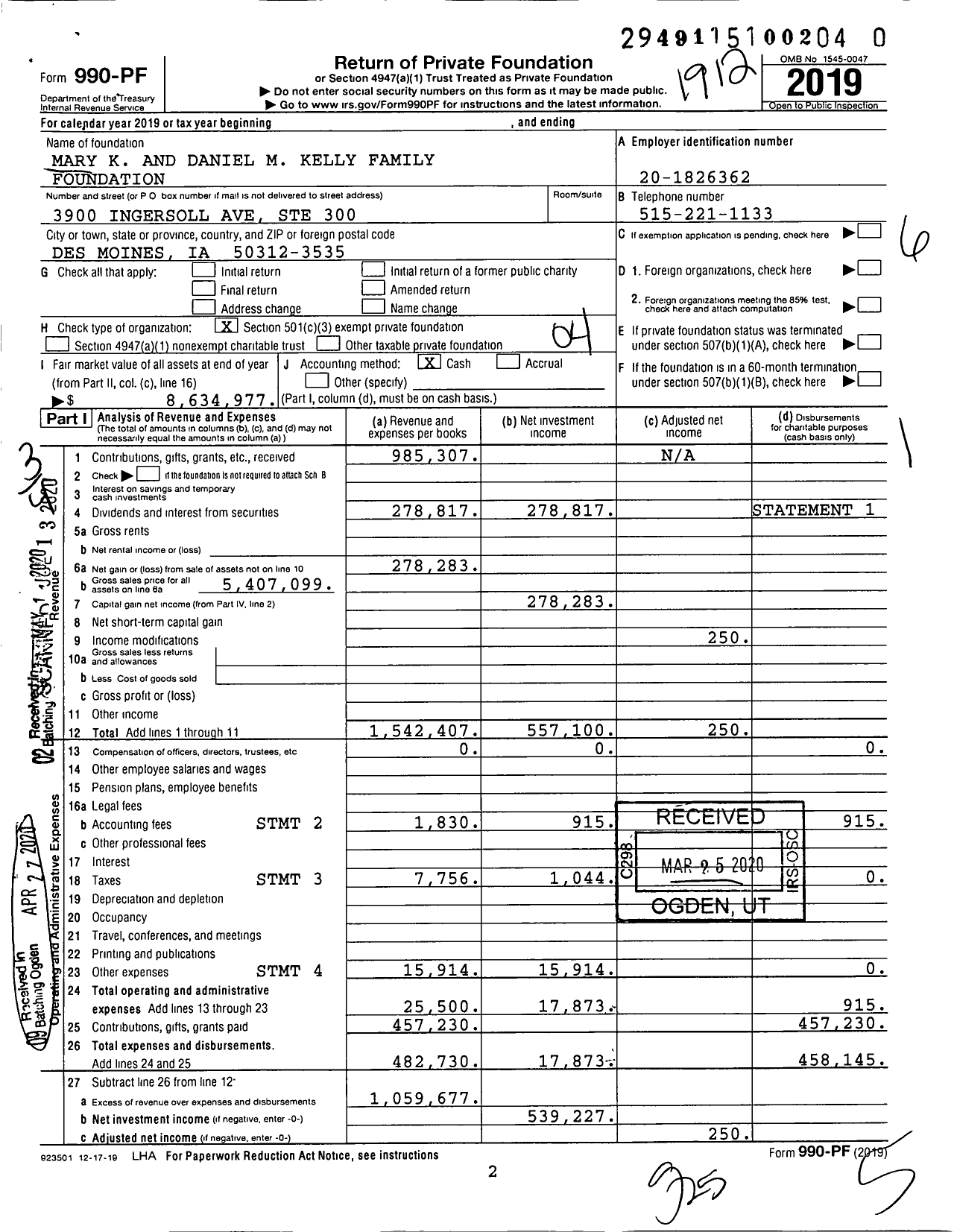 Image of first page of 2019 Form 990PR for Mary K and Daniel M Kelly Family Foundation