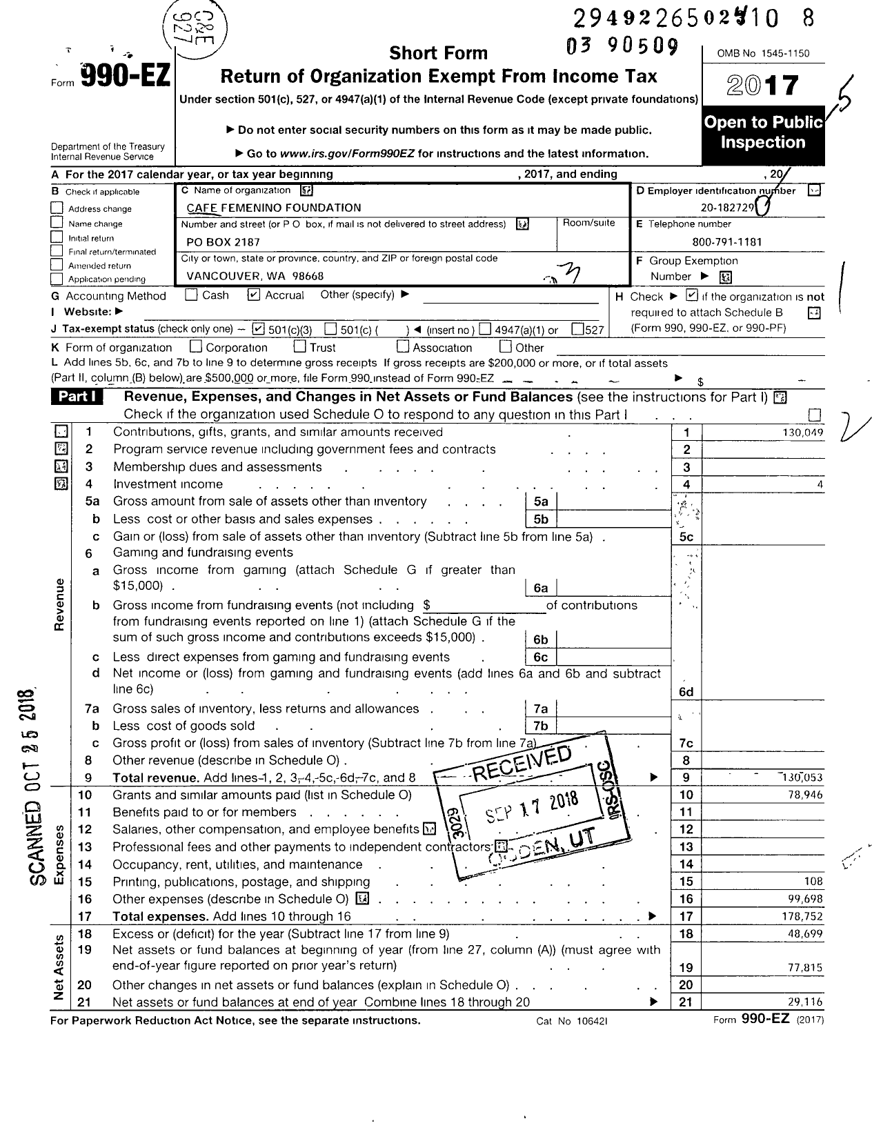 Image of first page of 2017 Form 990EZ for Cafe Femenino Foundation