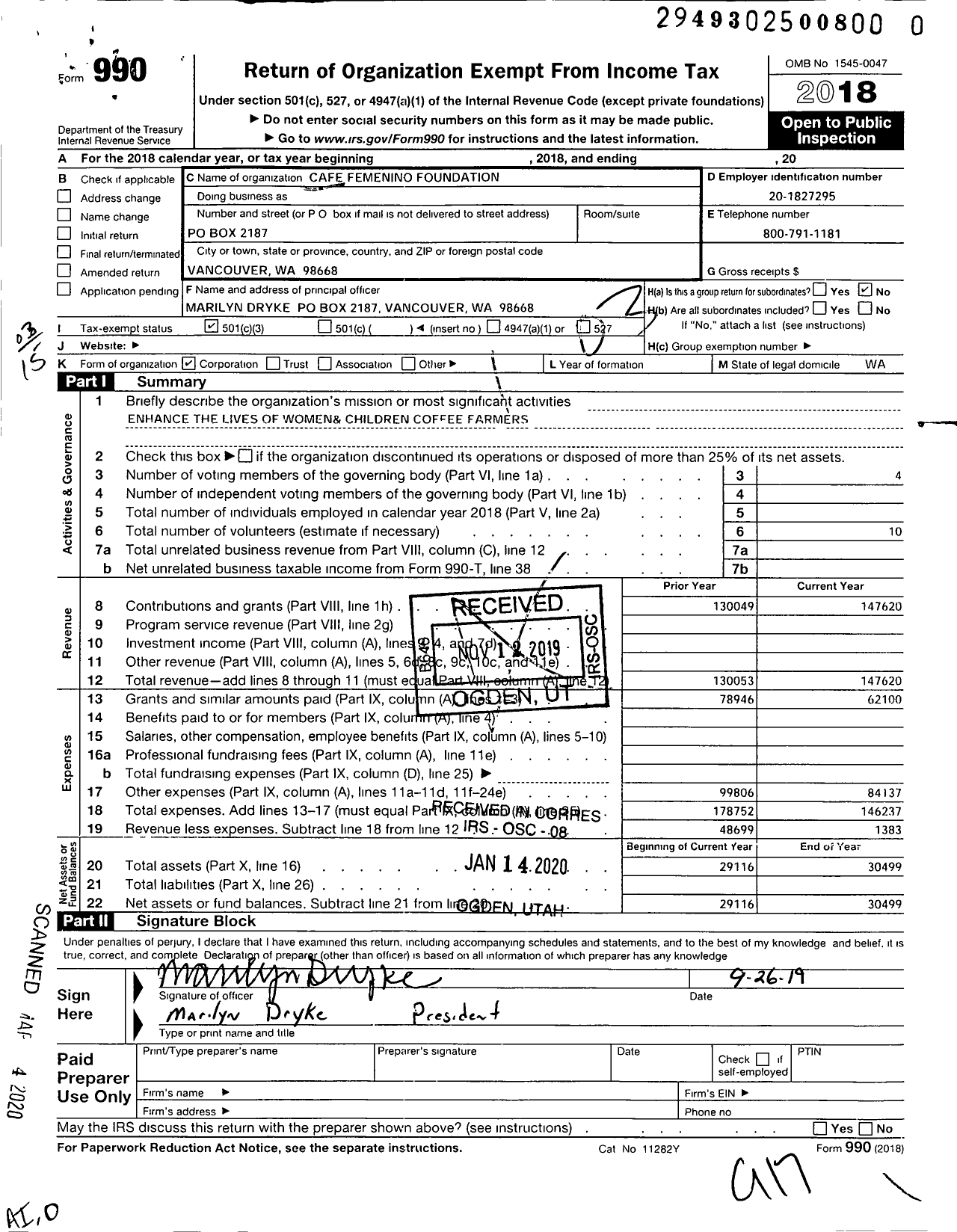 Image of first page of 2018 Form 990 for Cafe Femenino Foundation