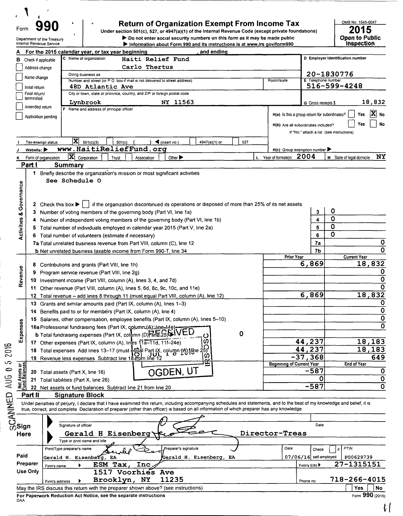 Image of first page of 2015 Form 990 for Haiti Relief Fund