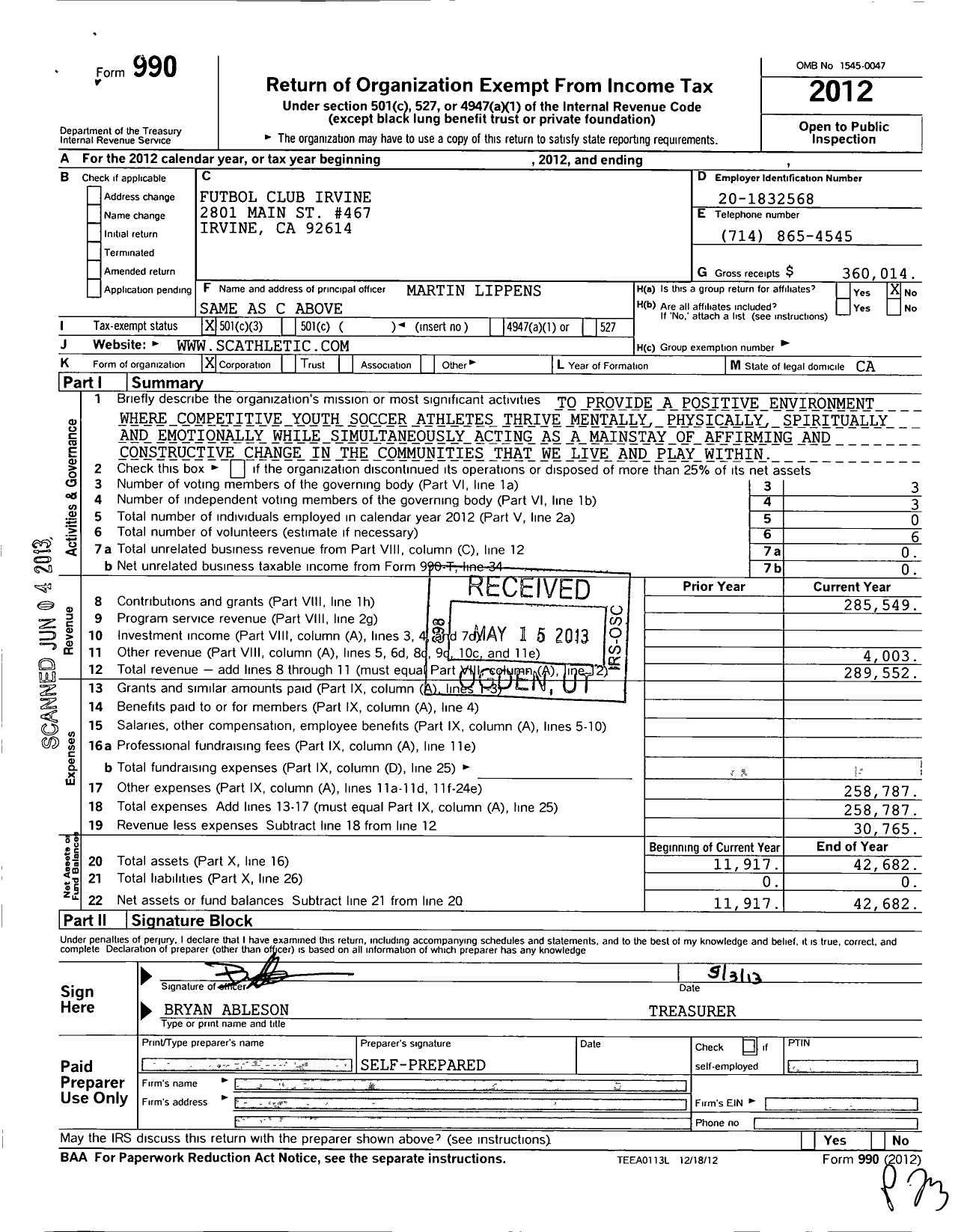 Image of first page of 2012 Form 990 for Futbol Club Irvine