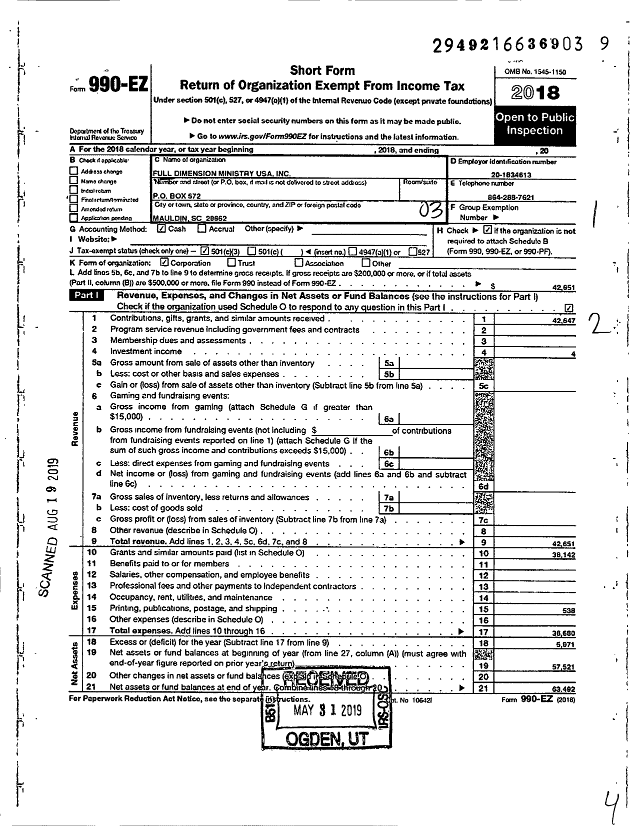 Image of first page of 2018 Form 990EZ for Full Dimension Ministry USA