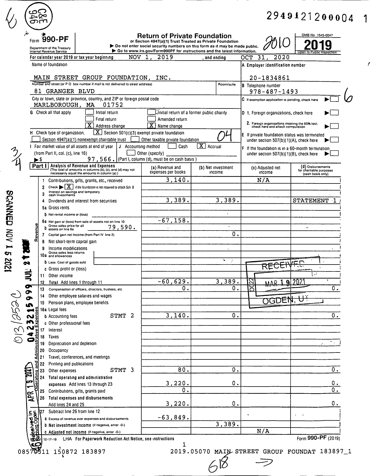 Image of first page of 2019 Form 990PF for Main Street Group Foundation