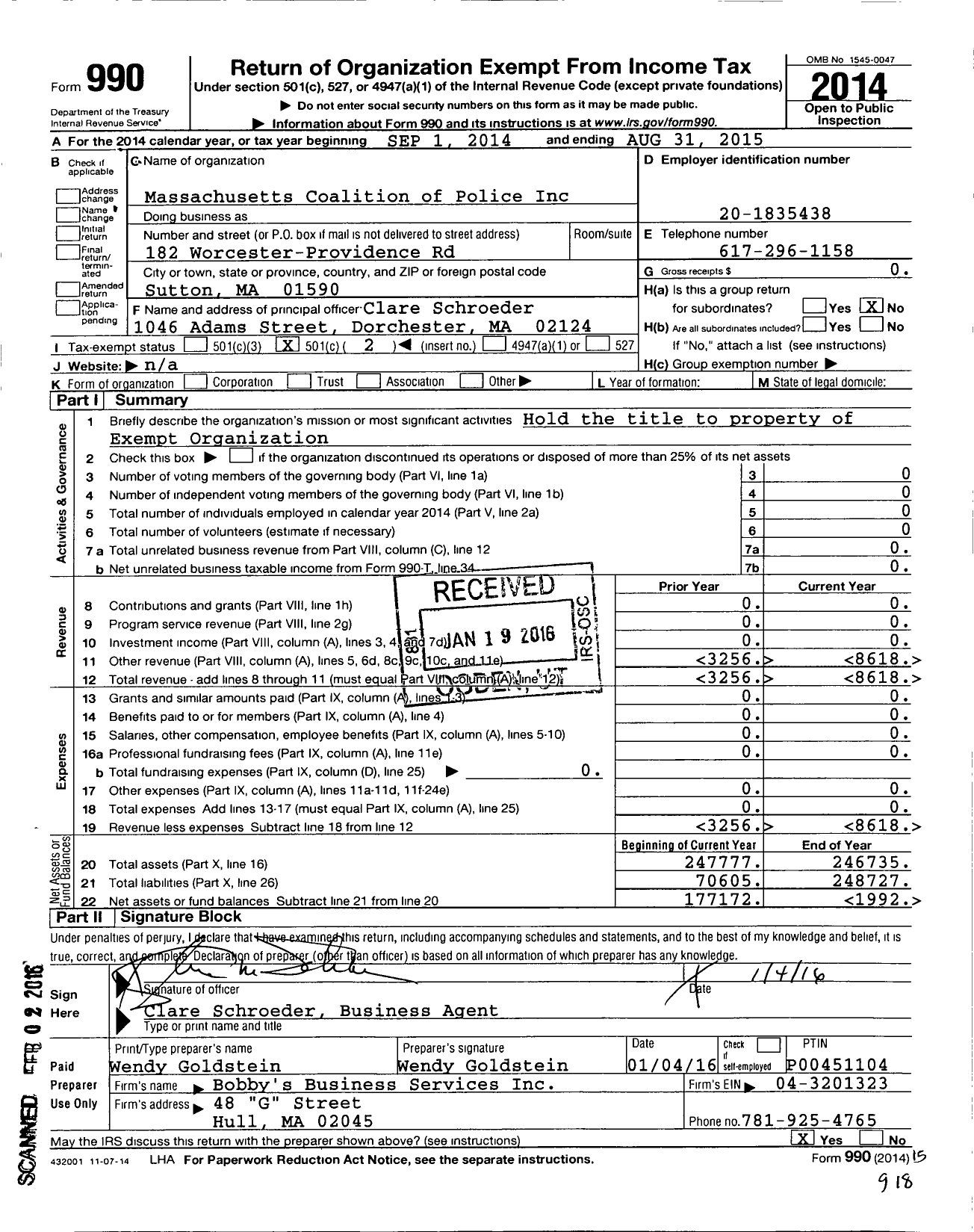 Image of first page of 2014 Form 990O for Massachusetts Coalition of Police