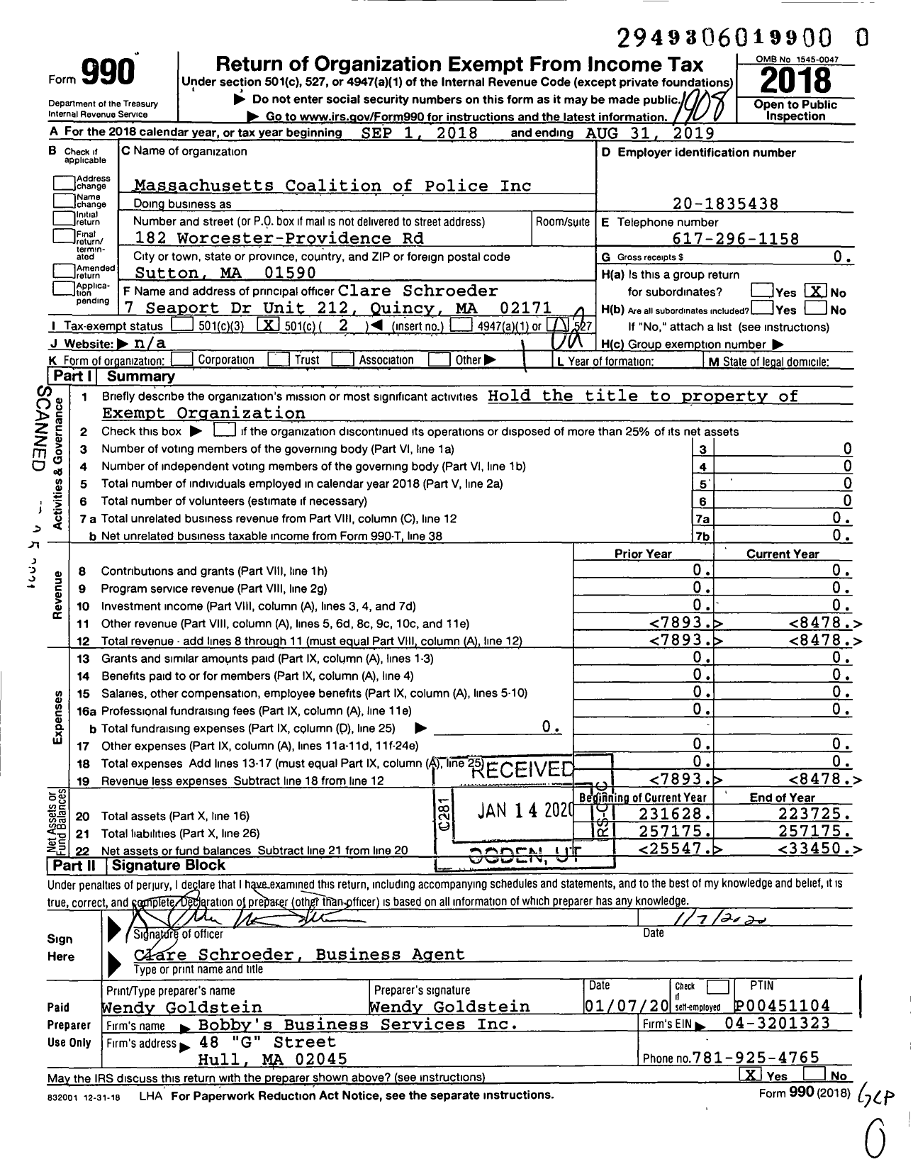 Image of first page of 2018 Form 990O for Massachusetts Coalition of Police