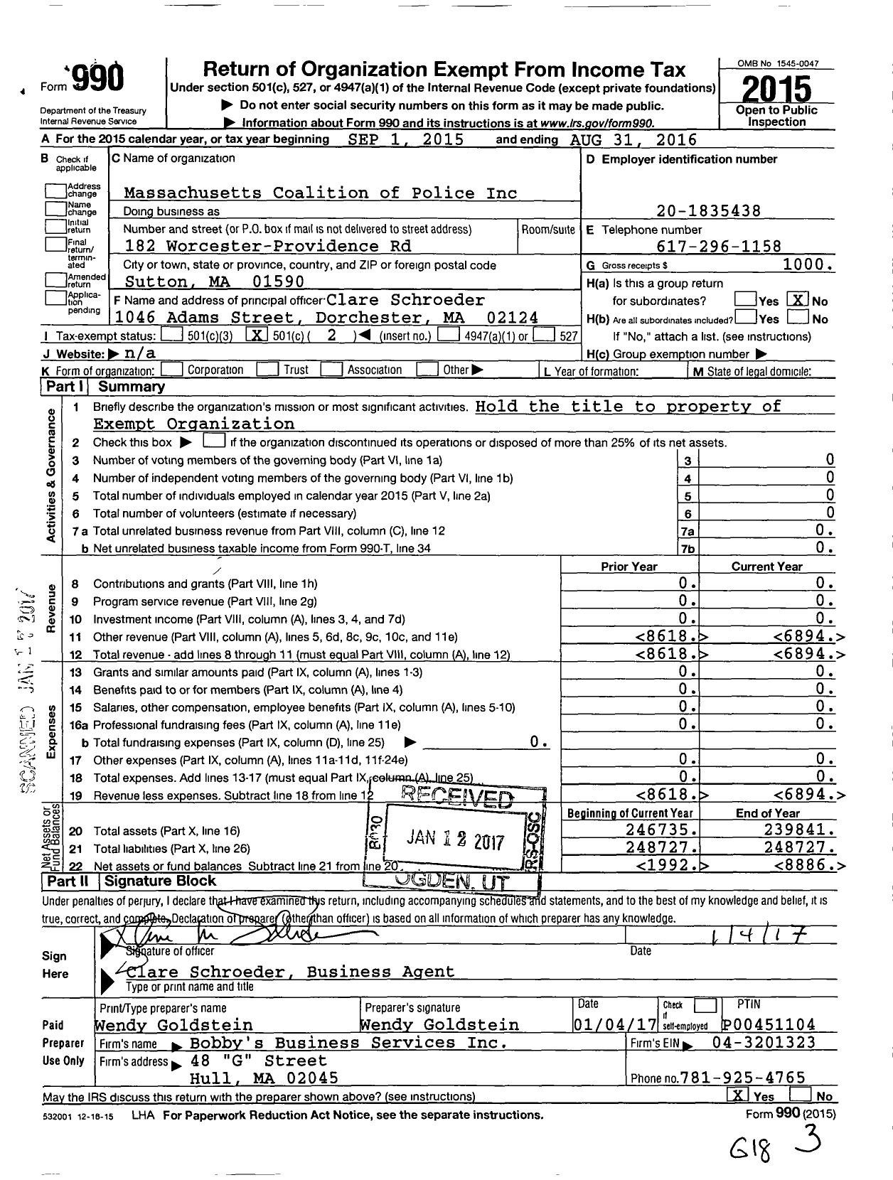 Image of first page of 2015 Form 990O for Massachusetts Coalition of Police