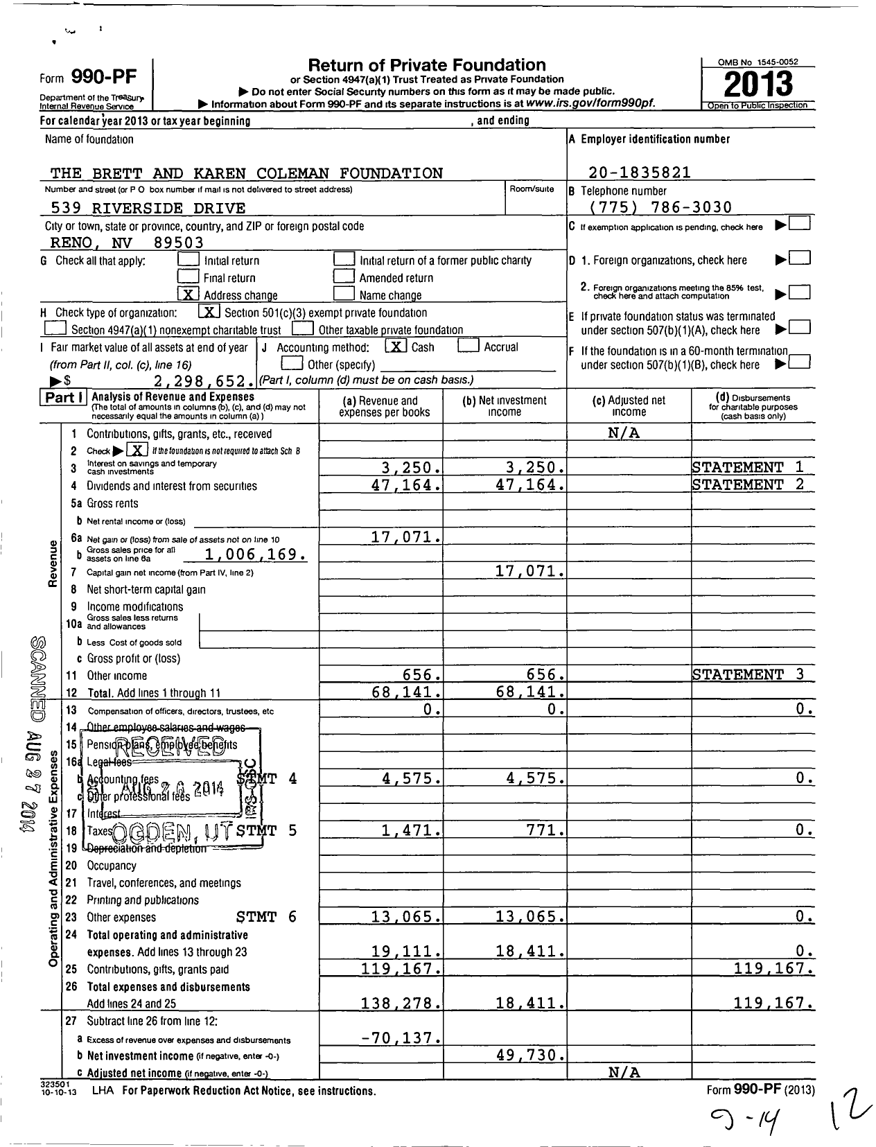 Image of first page of 2013 Form 990PF for Brett and Karen Coleman Foundation