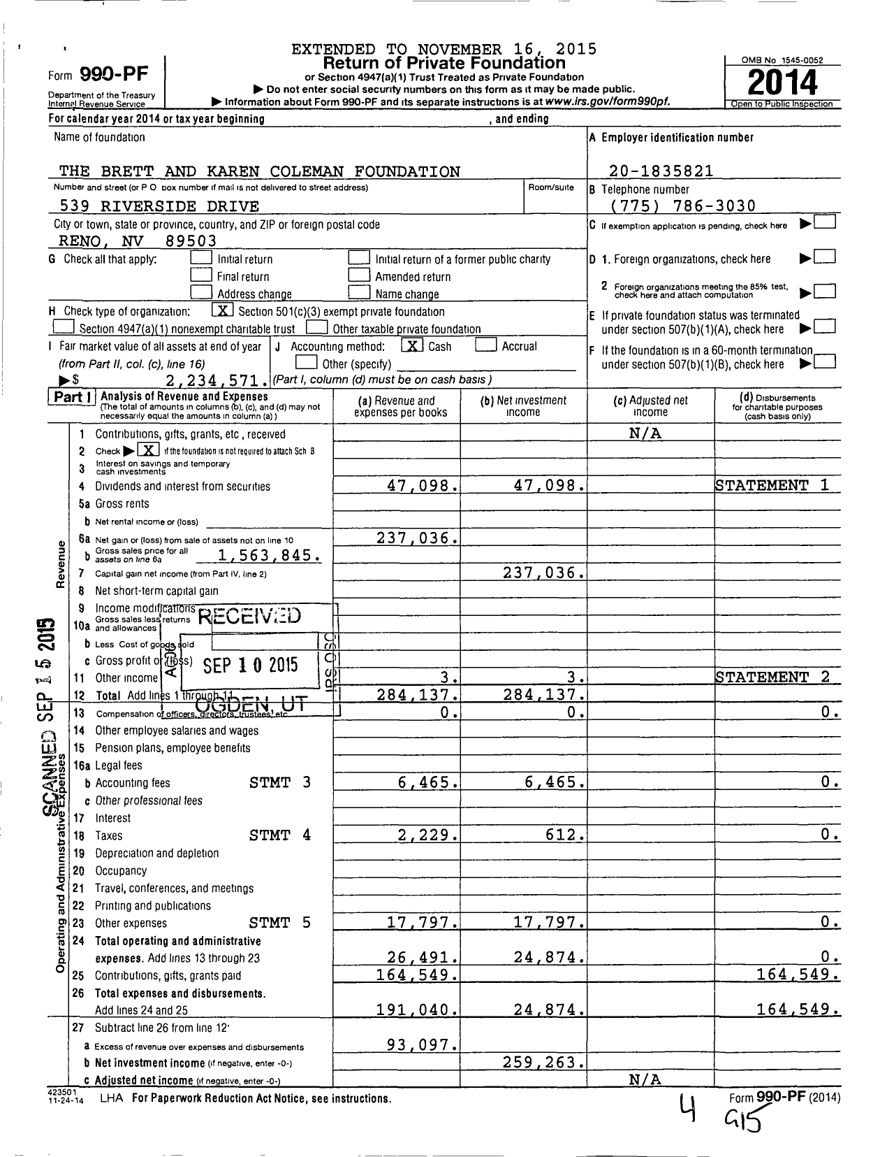 Image of first page of 2014 Form 990PF for Brett and Karen Coleman Foundation