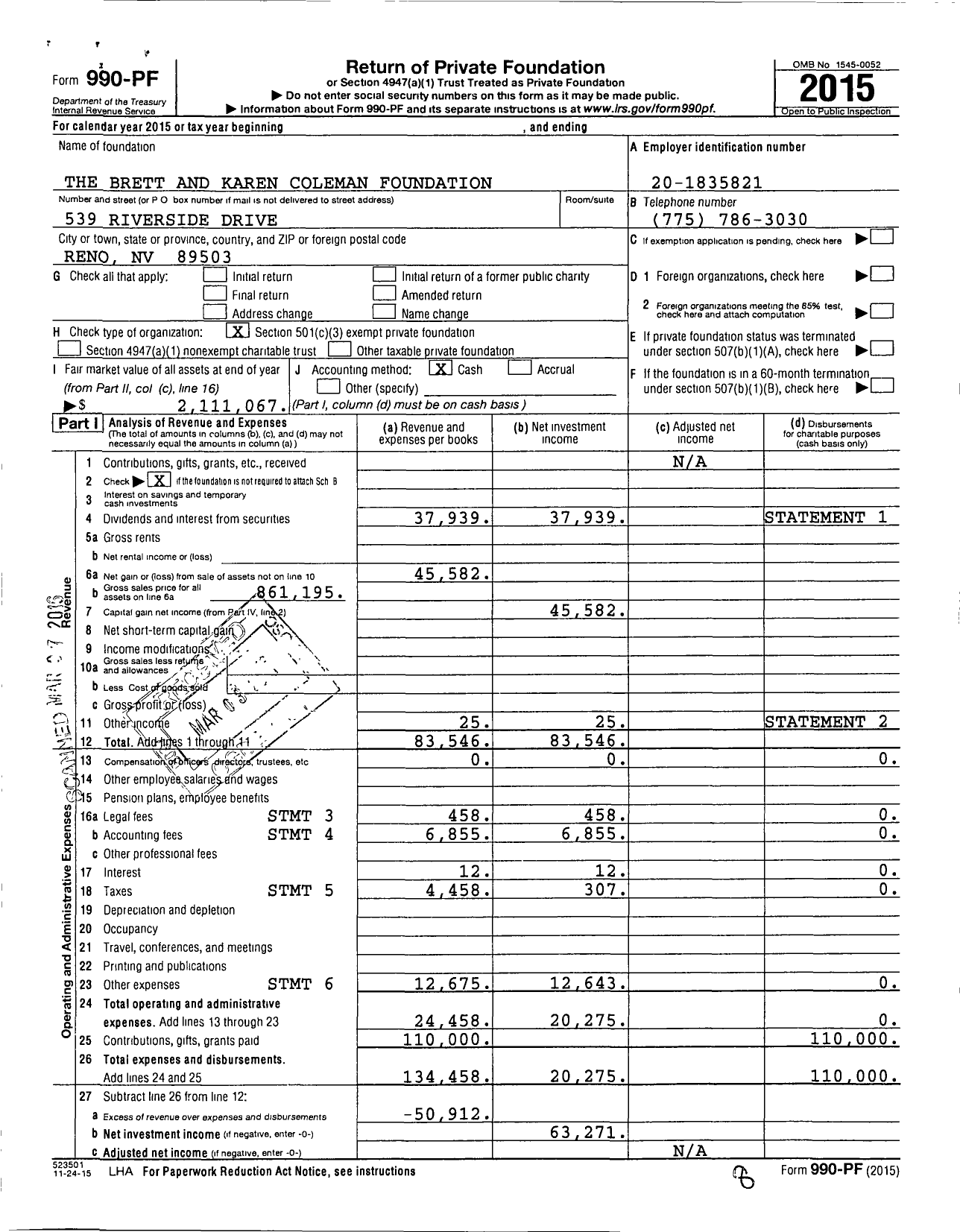 Image of first page of 2015 Form 990PF for Brett and Karen Coleman Foundation