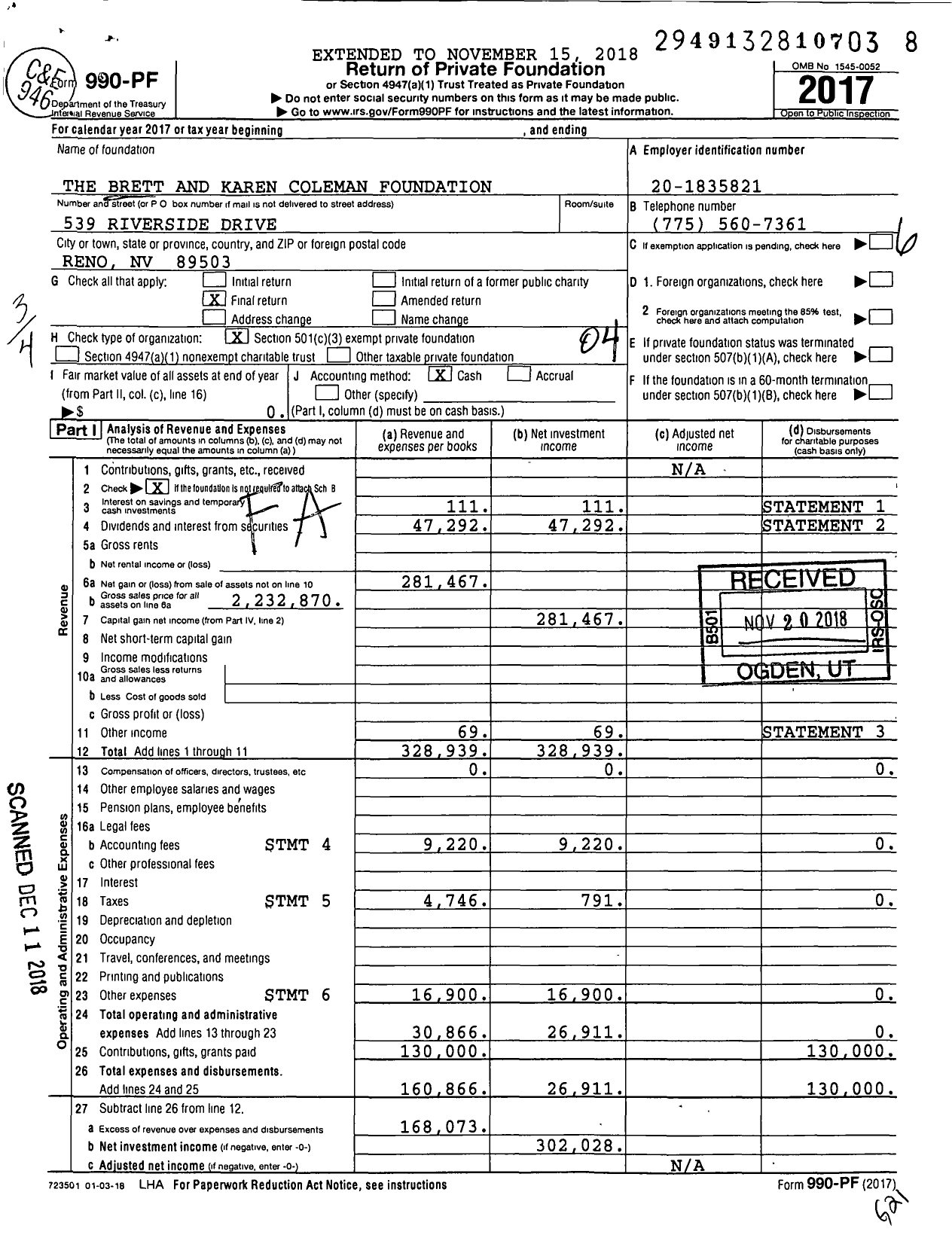 Image of first page of 2017 Form 990PF for Brett and Karen Coleman Foundation