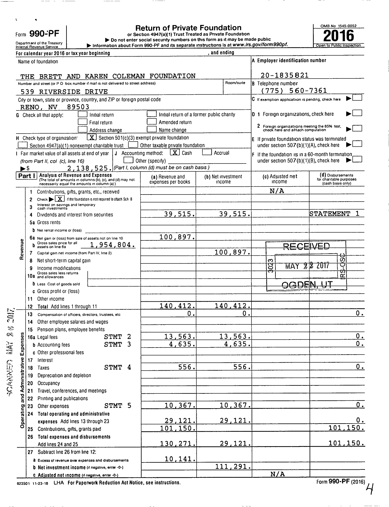 Image of first page of 2016 Form 990PF for Brett and Karen Coleman Foundation