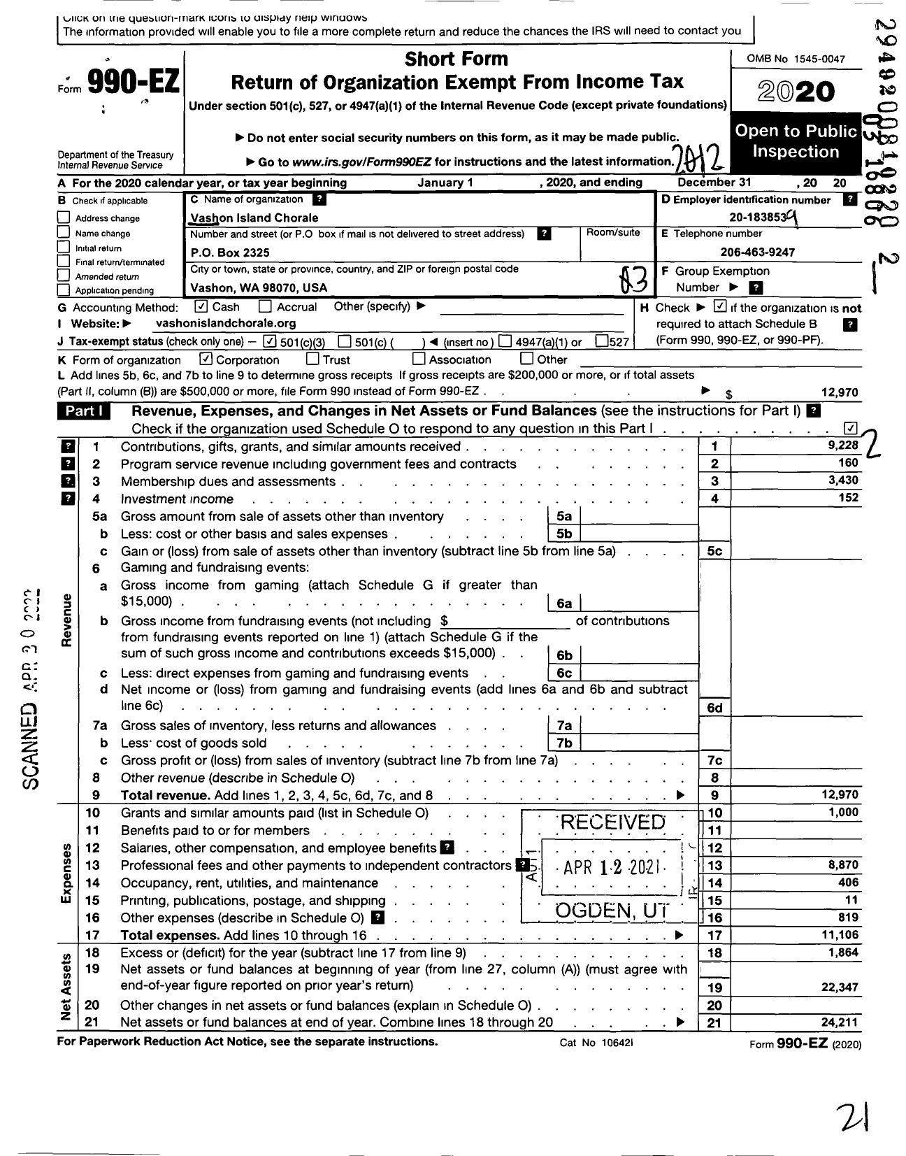 Image of first page of 2020 Form 990EZ for Vashon Island Chorale