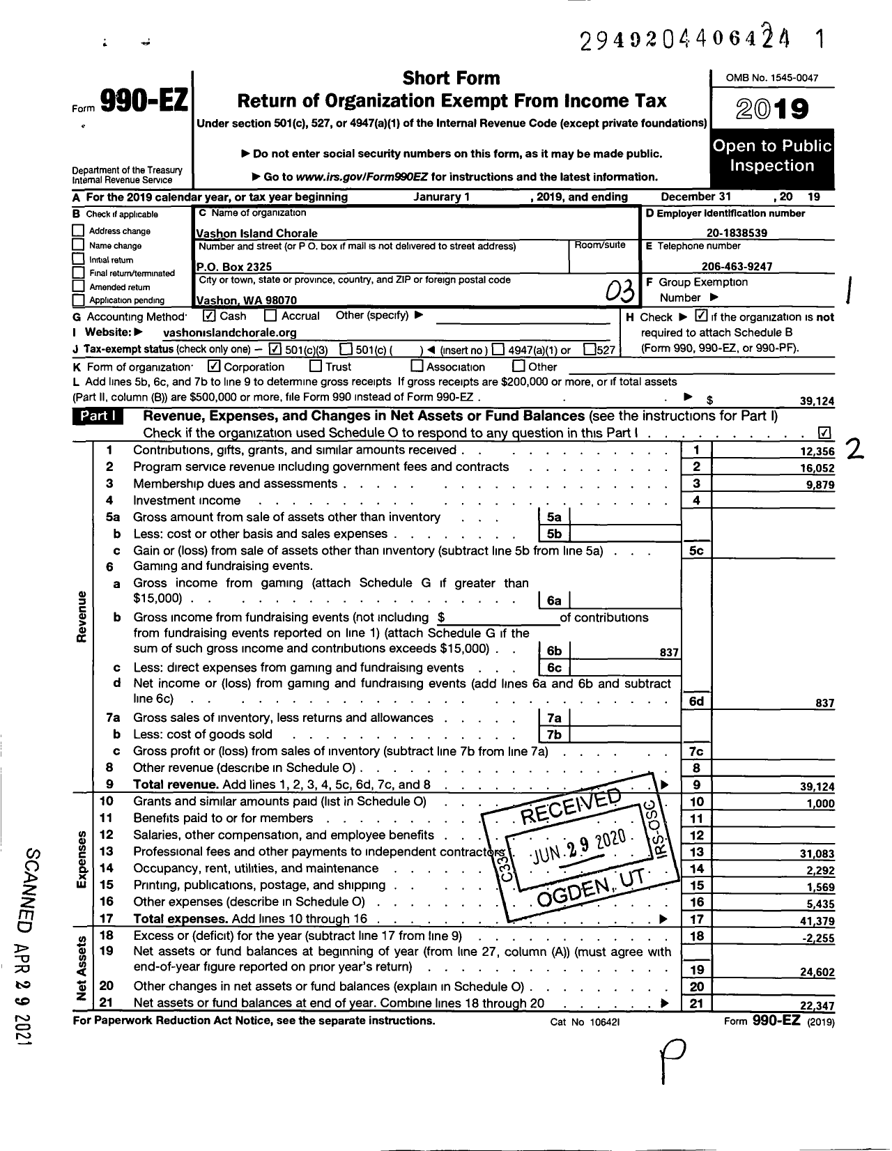 Image of first page of 2019 Form 990EZ for Vashon Island Chorale