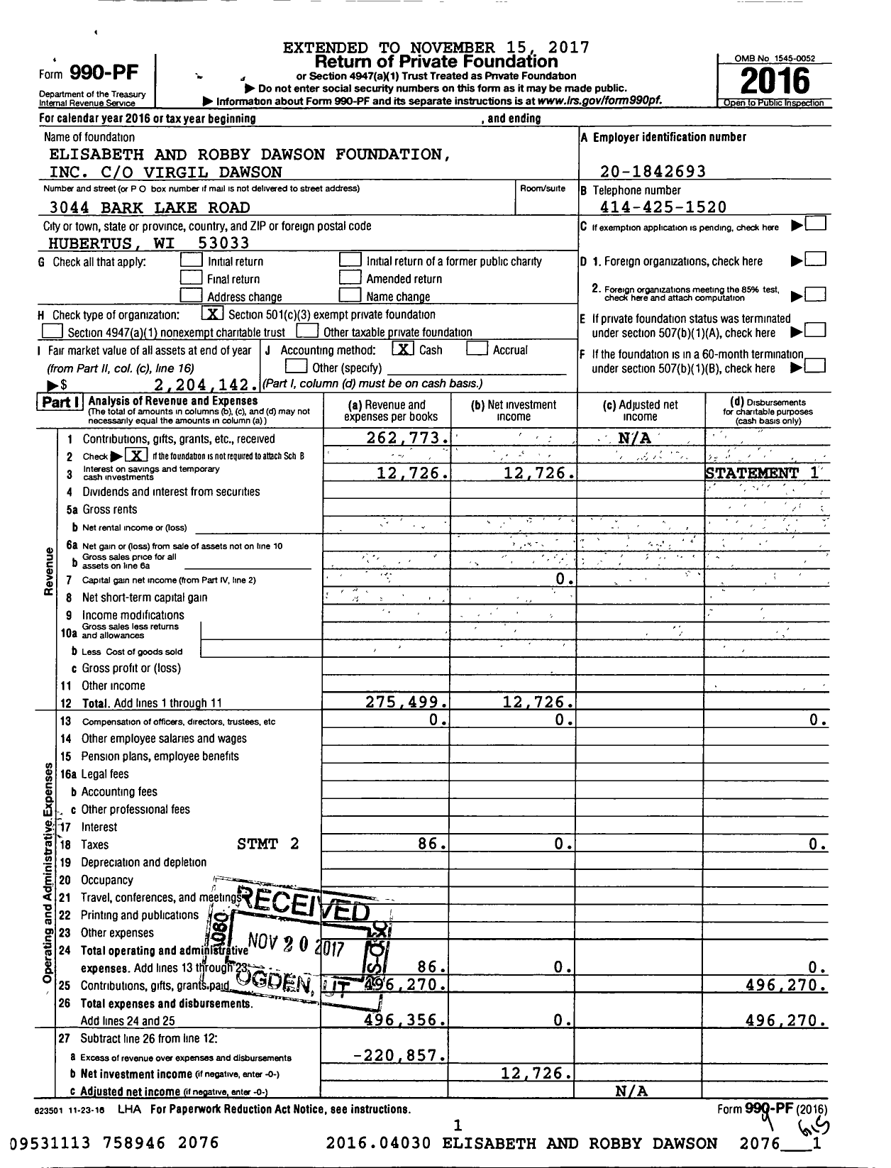 Image of first page of 2016 Form 990PF for Lannon Stone Foundation