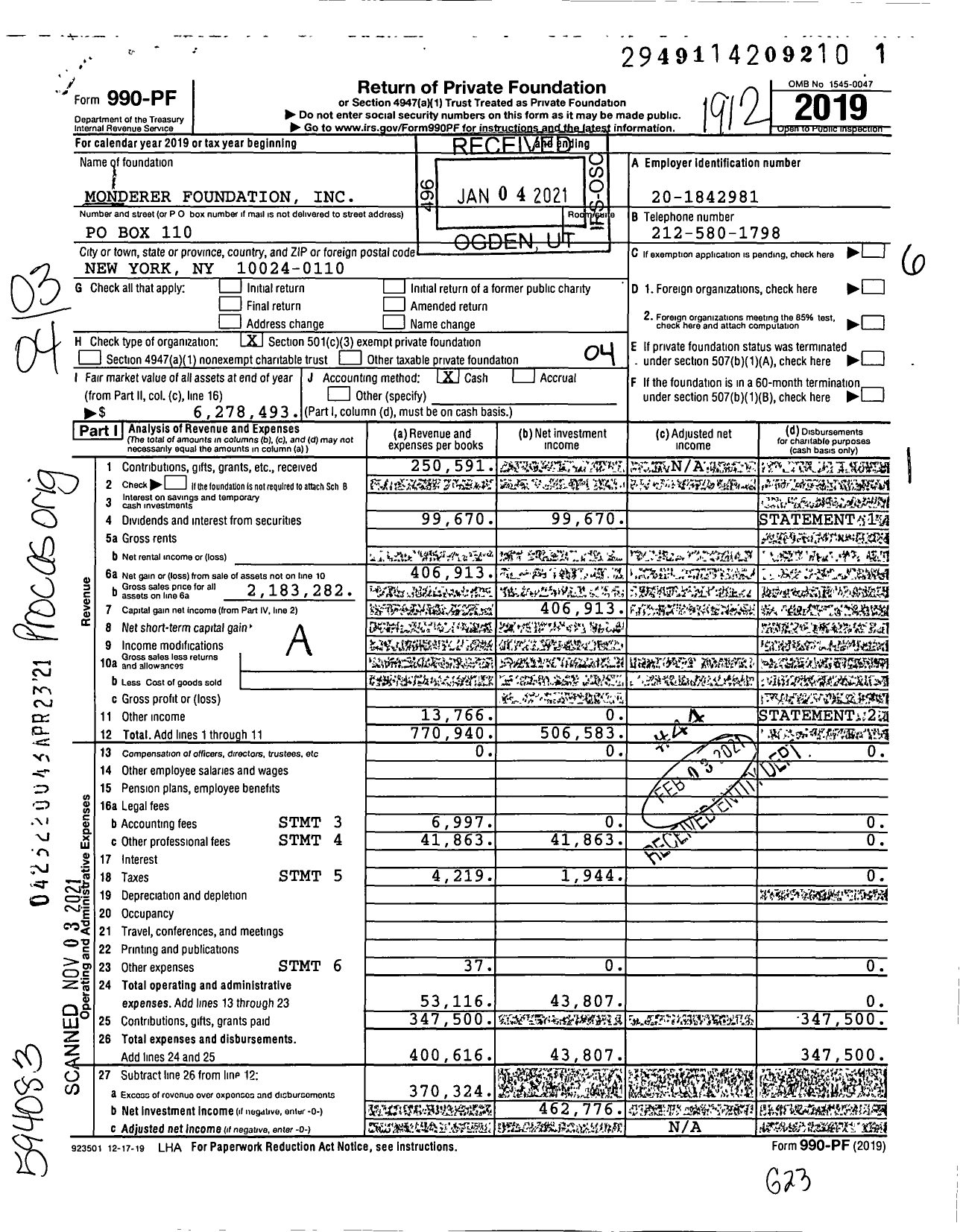 Image of first page of 2019 Form 990PF for Monderer Foundation