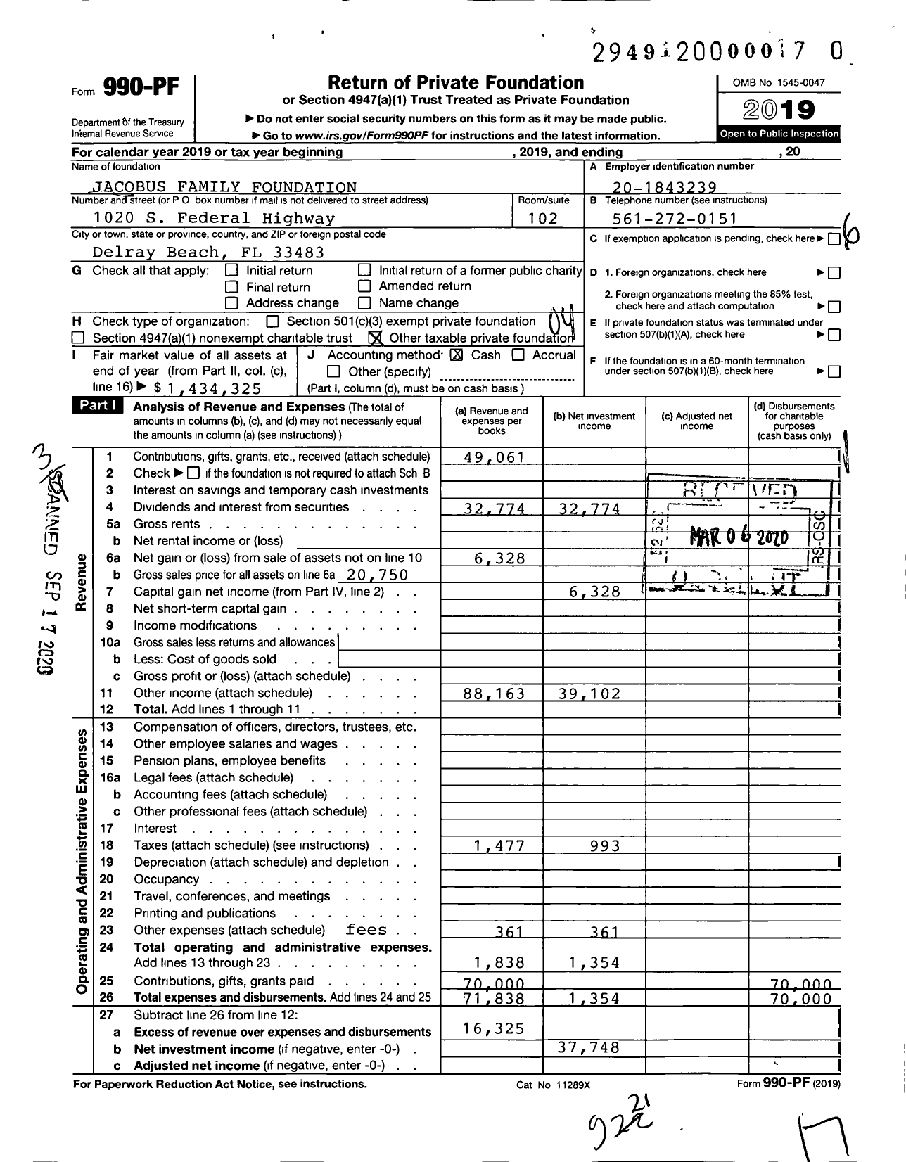 Image of first page of 2019 Form 990PR for Jacobus Family Foundation