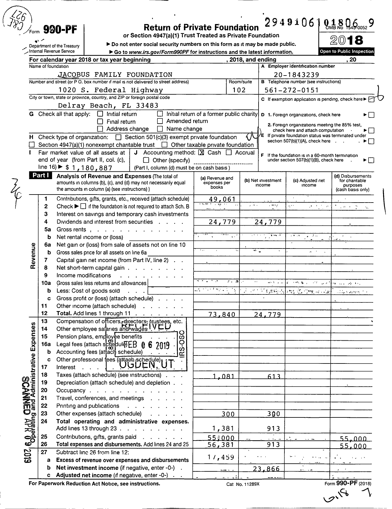 Image of first page of 2018 Form 990PF for Jacobus Family Foundation