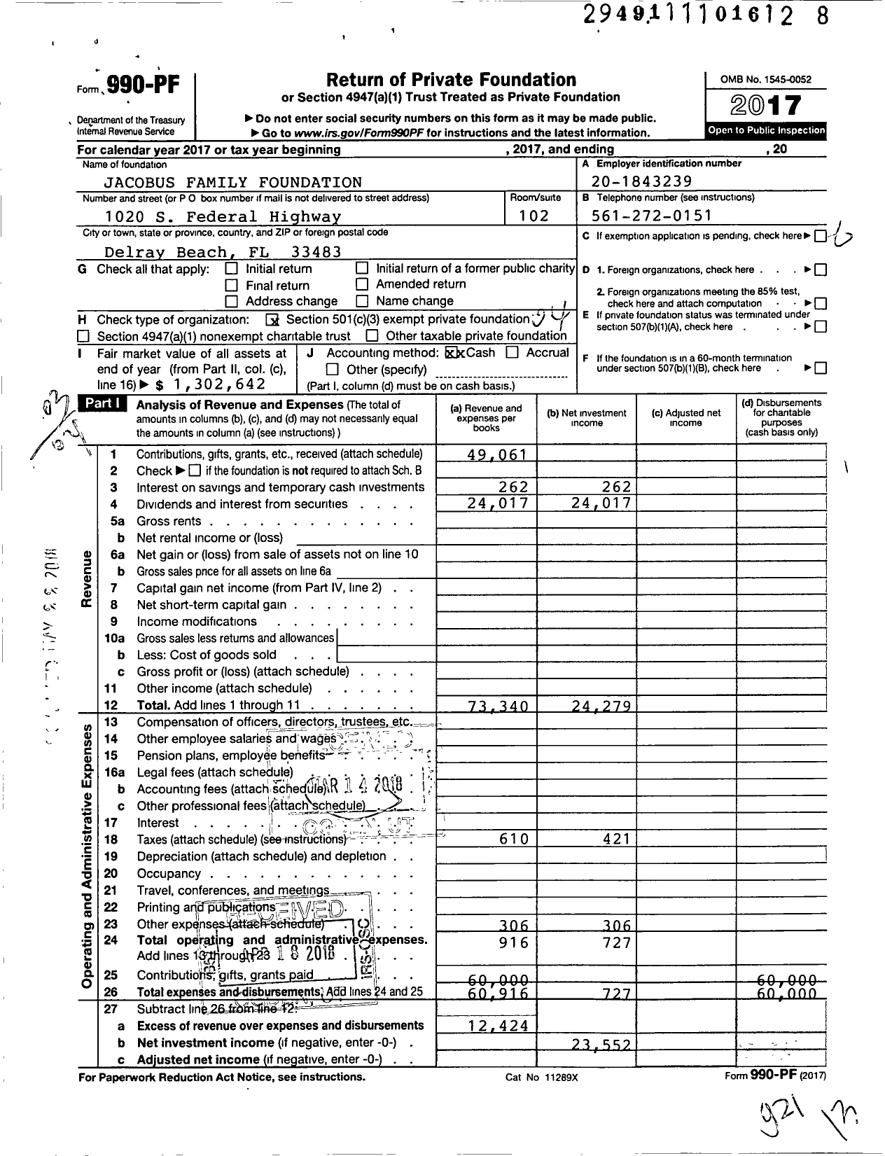 Image of first page of 2017 Form 990PF for Jacobus Family Foundation