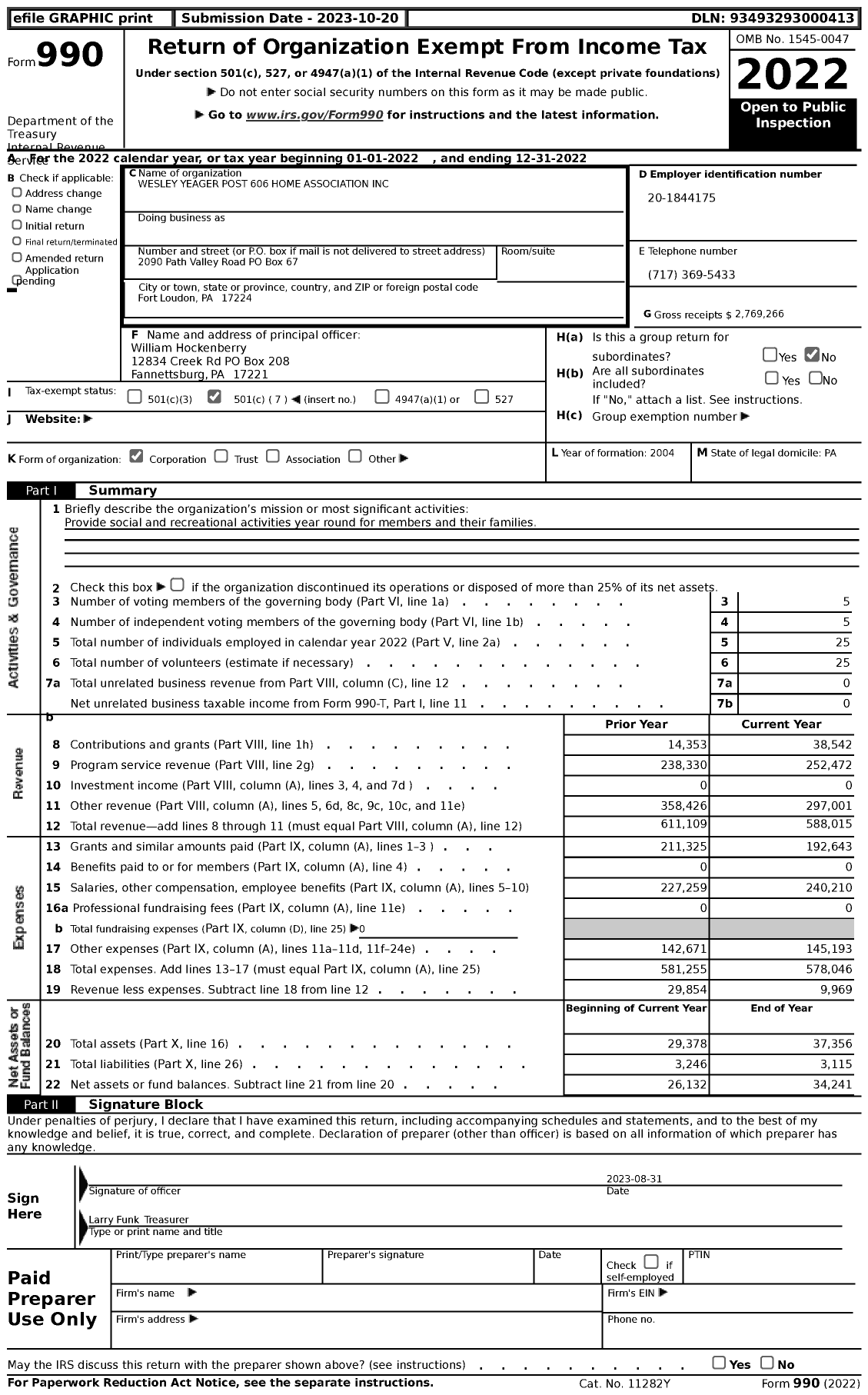 Image of first page of 2022 Form 990 for Wesley Yeager Post 606 Home Association