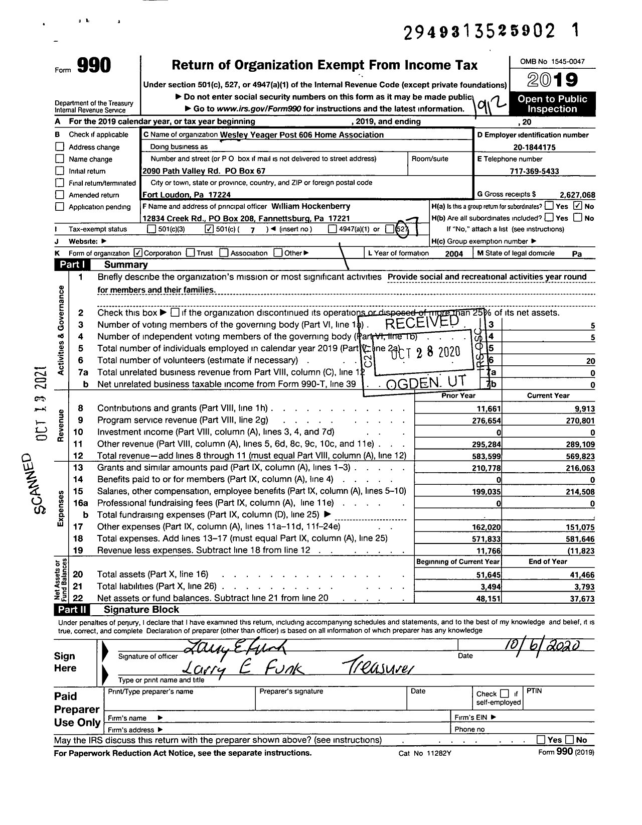 Image of first page of 2019 Form 990O for Wesley Yeager Post 606 Home Association