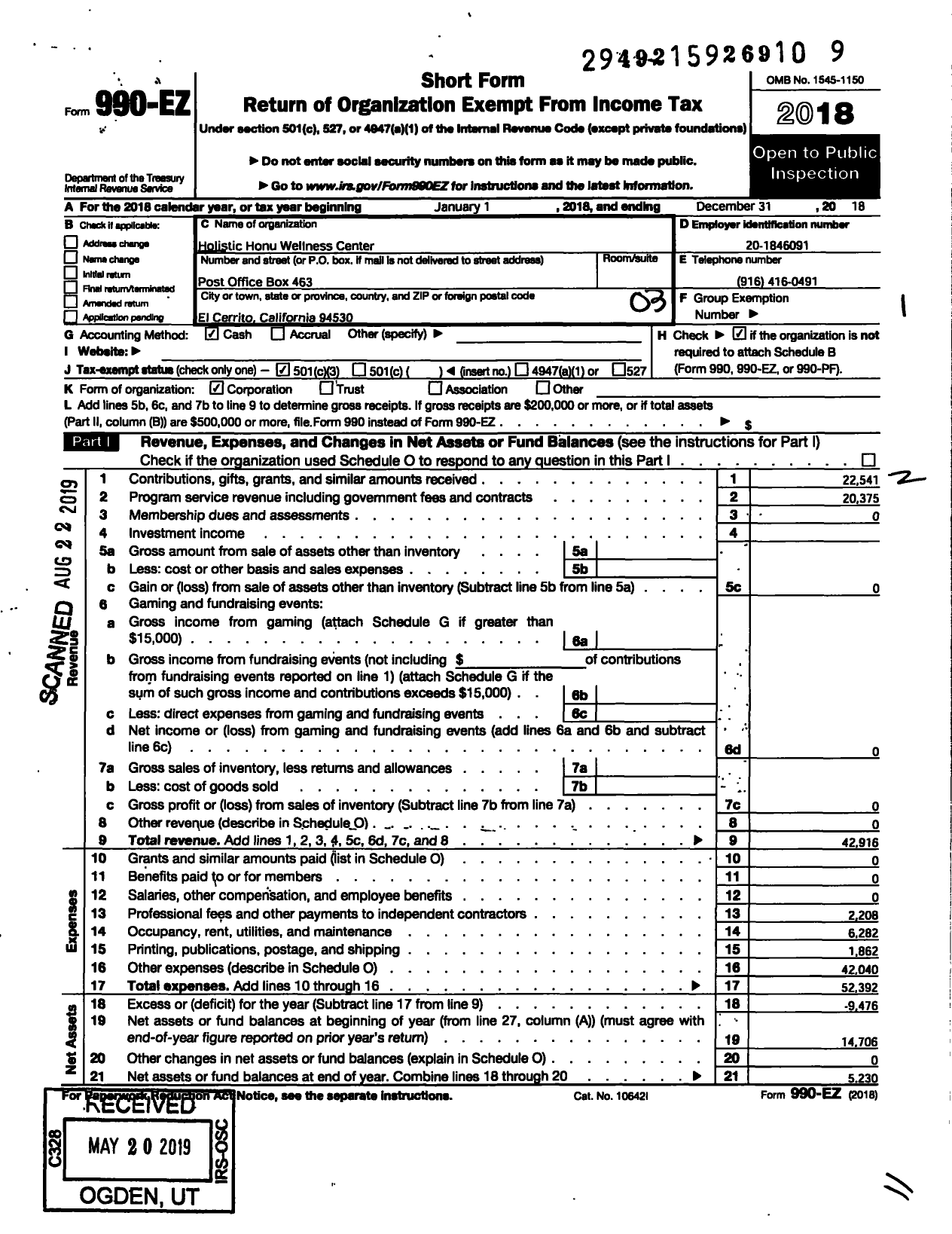 Image of first page of 2018 Form 990EZ for Holistic Honu Wellness Center