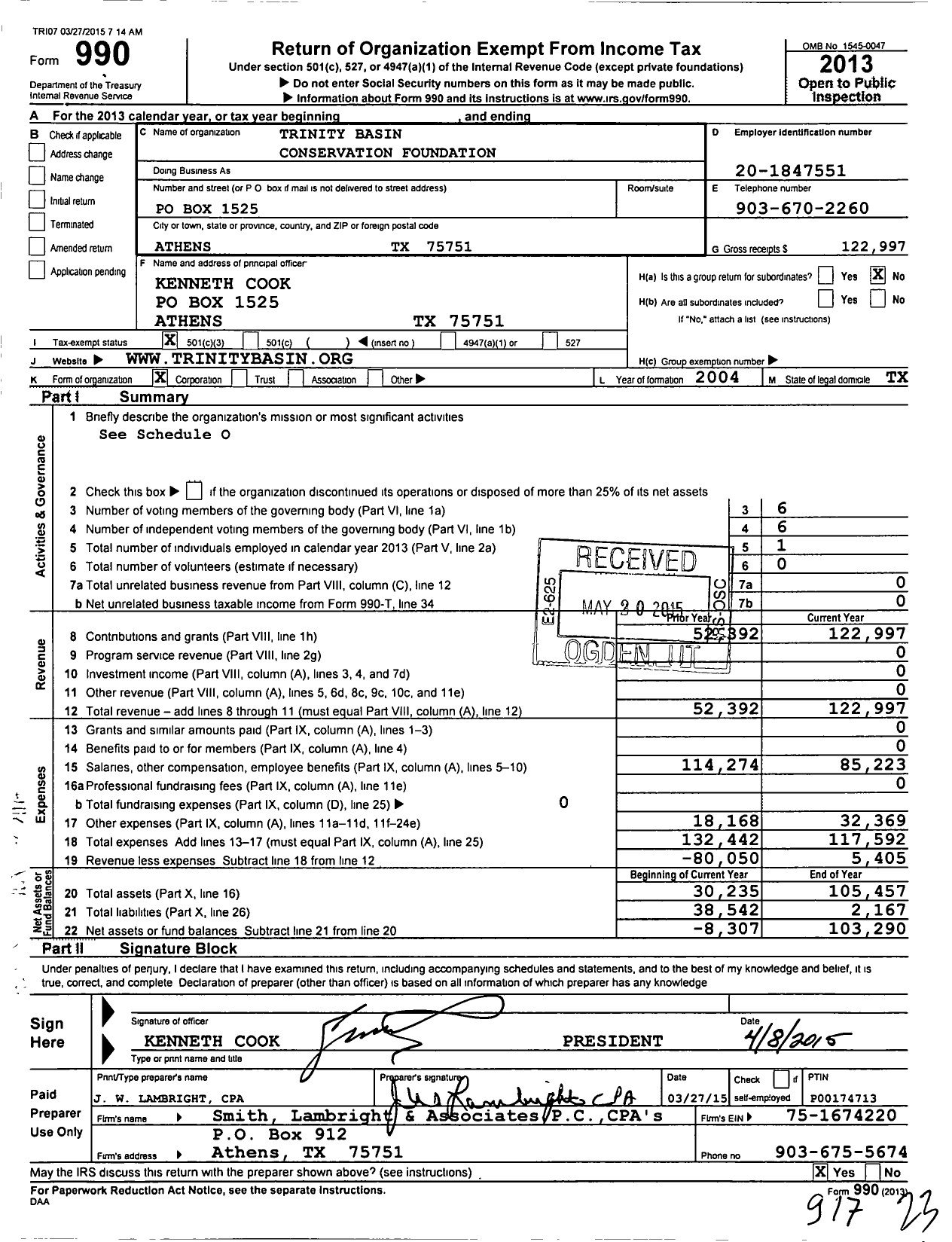 Image of first page of 2013 Form 990 for Trinity Basin Conservation Foundation